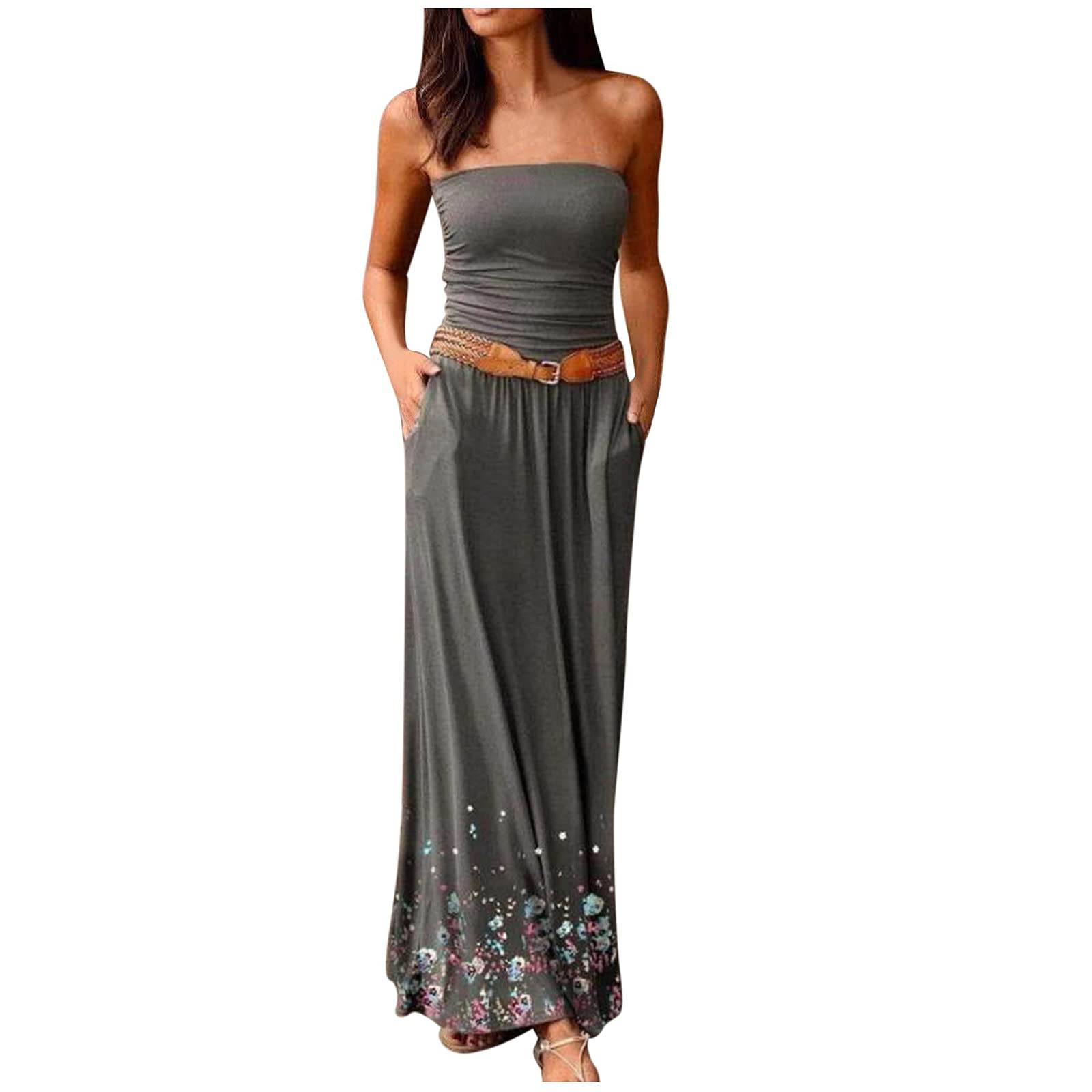 Women's Strapless Bandeau Summer Long Maxi Dress - Off Shoulder Beach Dress with Pockets, No Belt - Perfect for Beach Vacations, Pool Parties & Summer Outings