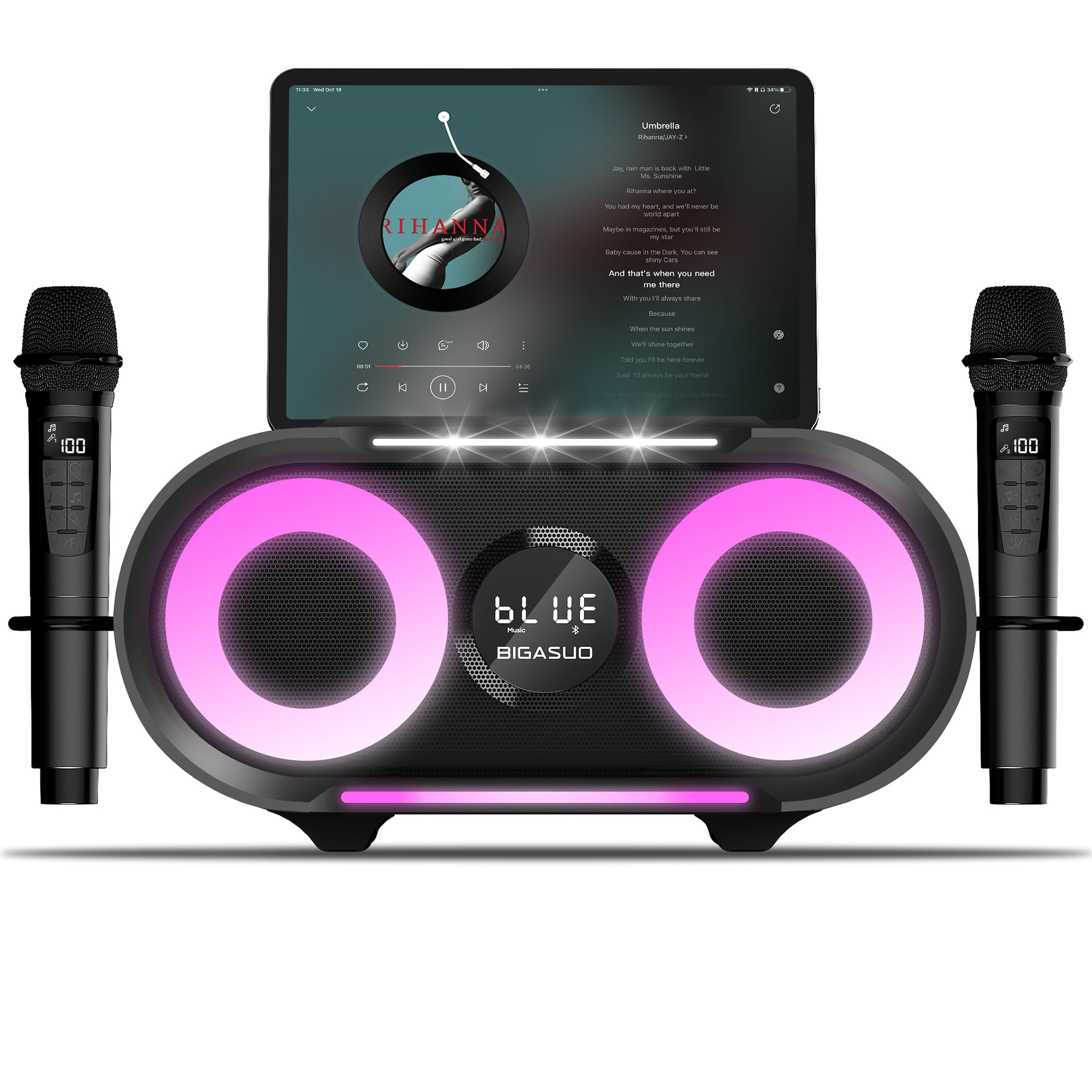 BIGASUO Portable Bluetooth Karaoke Machine with Deep Bass & Flashing Lights - Wireless PA Speaker System with 2 UHF Microphones for Home, Party, Wedding & Outdoor Singing | Perfect for Family Gatherings, Birthday Celebrations and Camping Entertainment