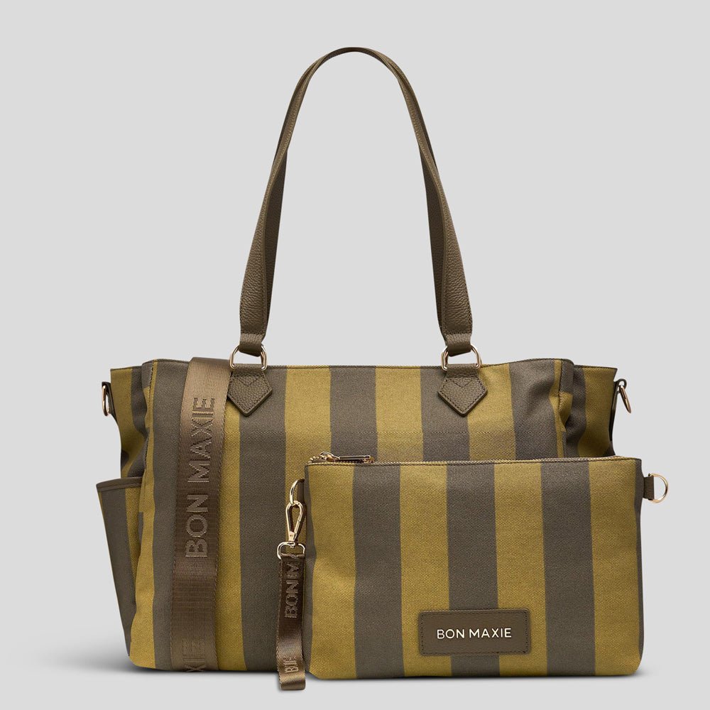Stylish Khaki Stripe Carryall Tote Bag with Matching Pouch - Perfect for Work, Travel & Everyday Use