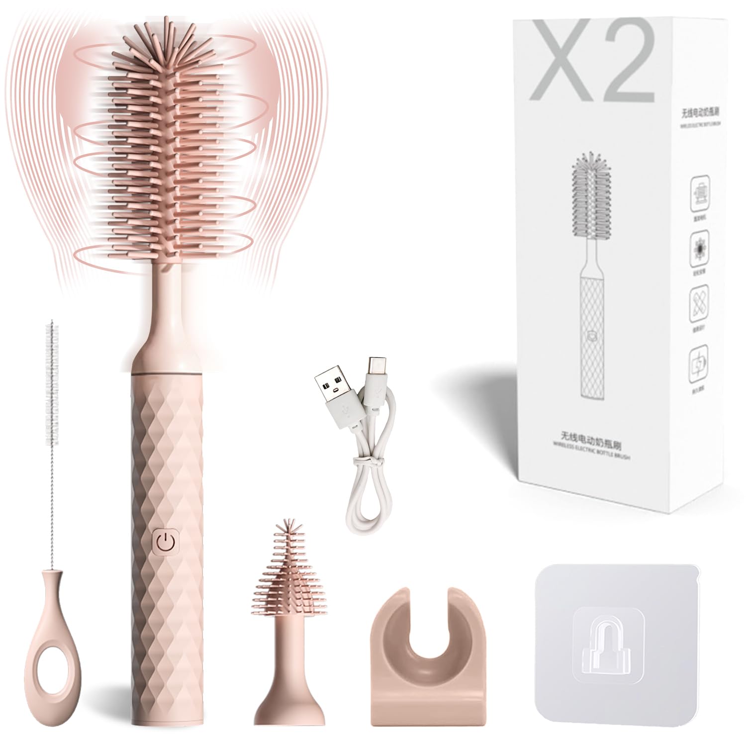 QIUXQIU Rechargeable Electric Bottle Brush - Baby Bottle Cleaner with Nipple & Straw Brush - Pink Battery-Powered Cleaning Brush for Baby Bottles, Sippy Cups & Pacifiers - Perfect for Pregnant Women & New Moms - Ideal for Nursery, Daycare & Travel Use