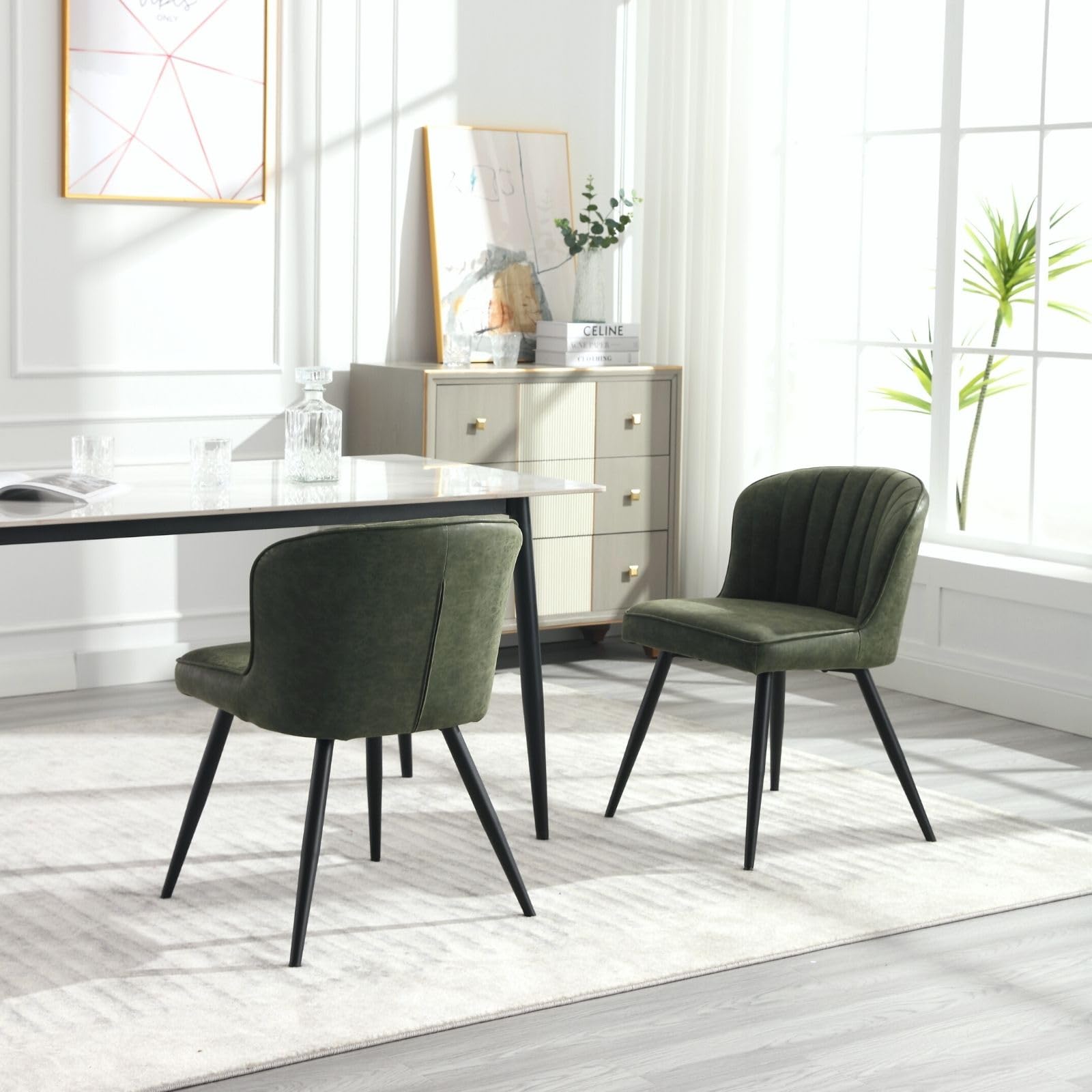 Set of 2 Green Faux Leather Dining Chairs - Mid Century Modern Upholstered Armless Side Chairs for Kitchen, Dining Room & Living Room - Perfect for Small Spaces & Contemporary Home Decor
