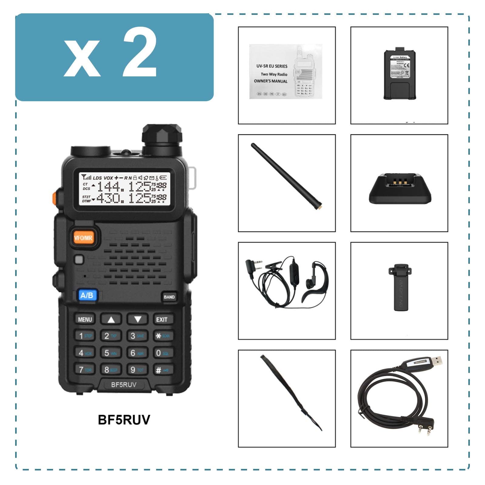 BF5RUV Dual Band VHF/UHF Walkie Talkie Radio (144-146MHz & 430-440MHz) - Long Range Two Way Communication with Charging Cable - Perfect for Outdoor Adventures, Construction Sites & Emergency Preparedness (2-Pack)