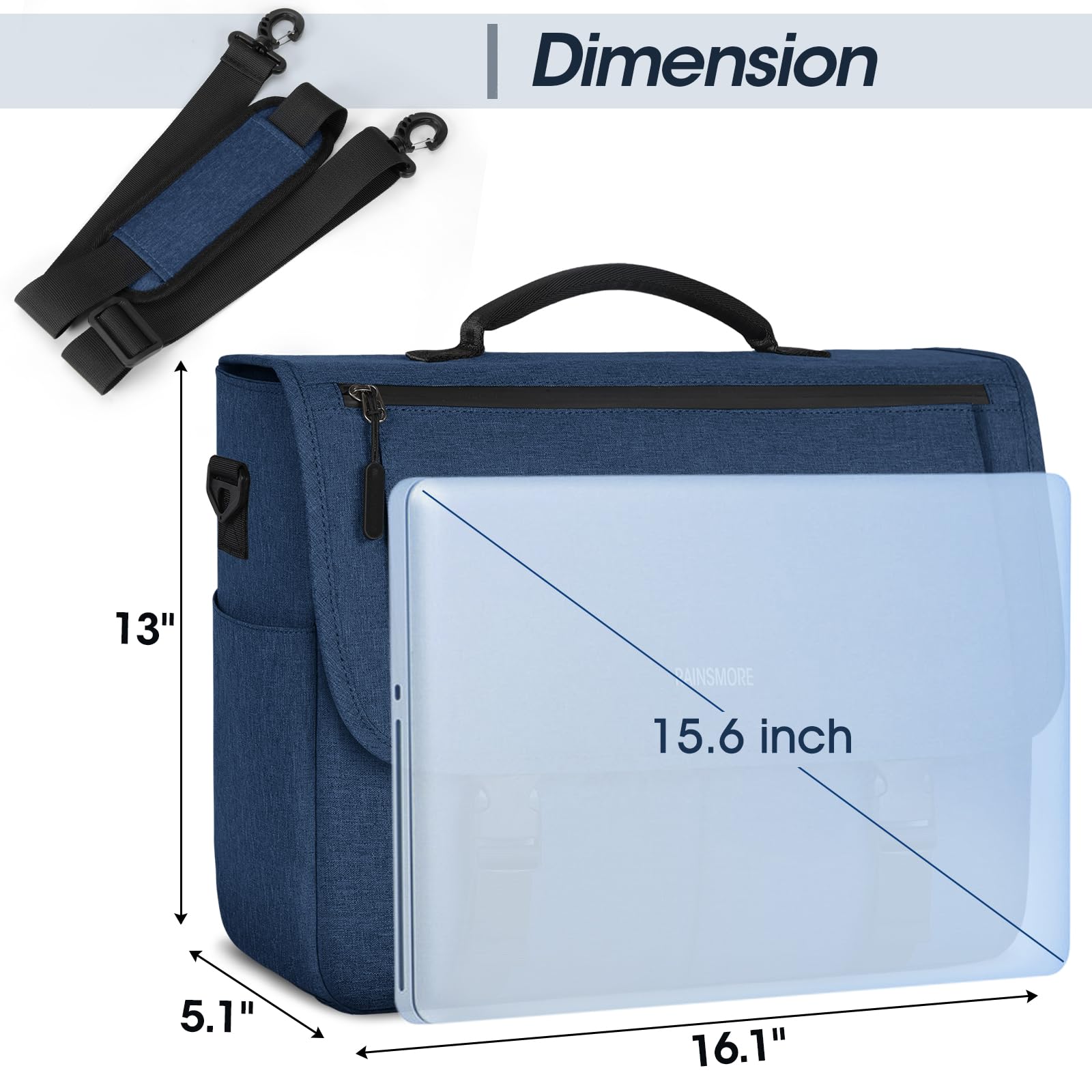 RAINSMORE Waterproof Messenger Bag for Men - 15.6 Inch Laptop Briefcase, Durable Crossbody Shoulder Bag for College, Office & Travel - Stylish Blue Casual Satchel for Work, Business & Daily Commute