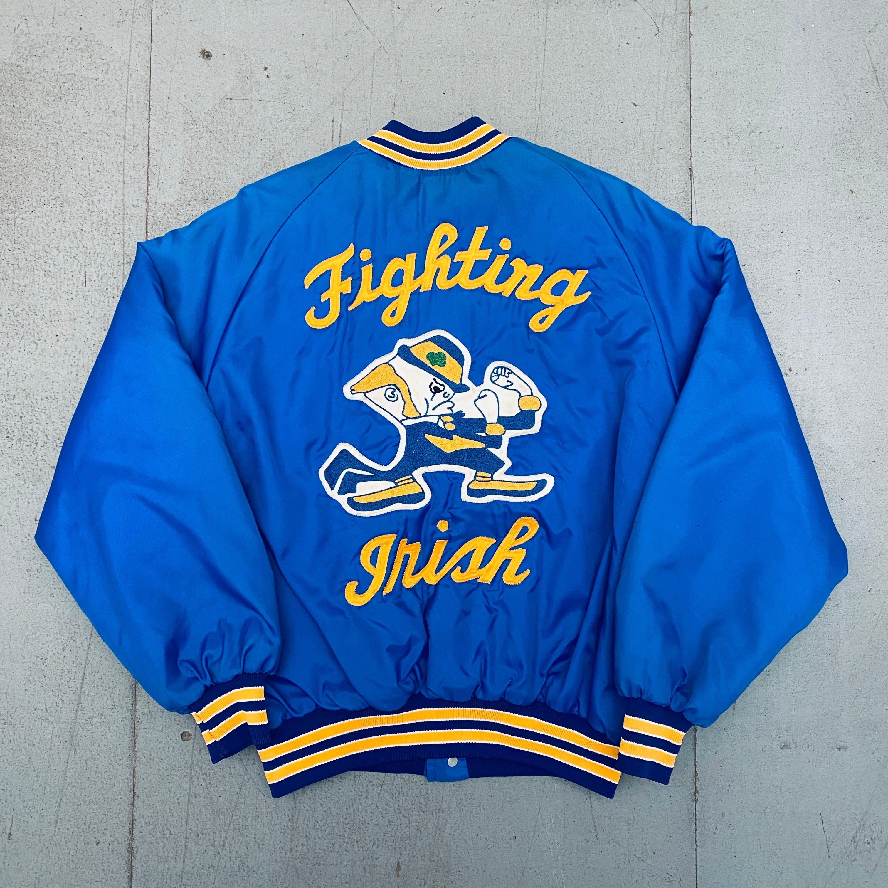 Vintage 1980s Notre Dame Fighting Irish Reverse Stitch Satin Bomber Jacket - L/XL Size - Retro College Sports Apparel for Game Day & Casual Wear
