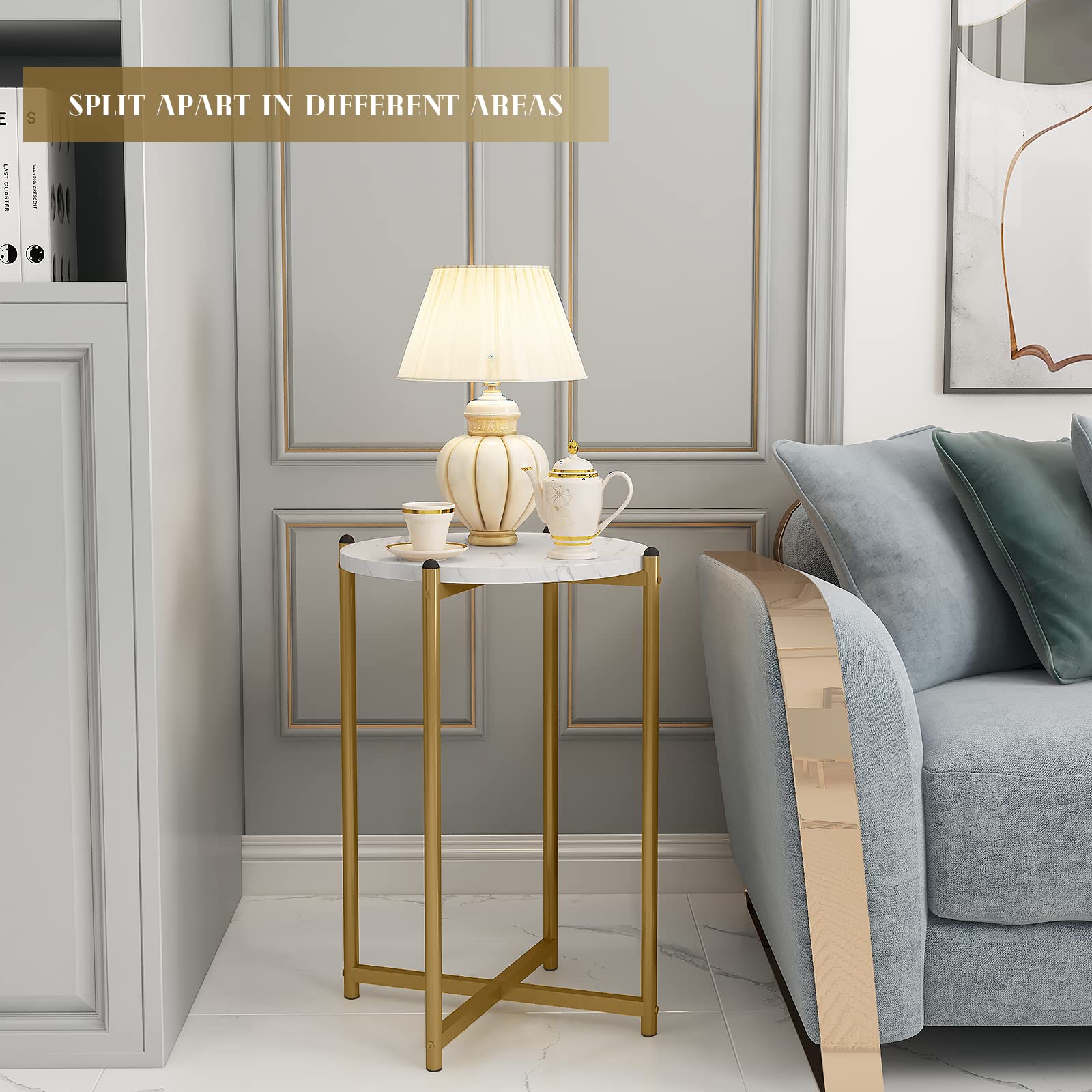 Lamerge 3-Piece Coffee Table Set - Modern Faux Marble Top with Gold Metal Frame, 1 Coffee Table & 2 Side Tables, White & Gold Living Room Furniture for Apartments, Offices - Perfect for Entertaining, Reading Nooks & Small Spaces (LCTR-W)