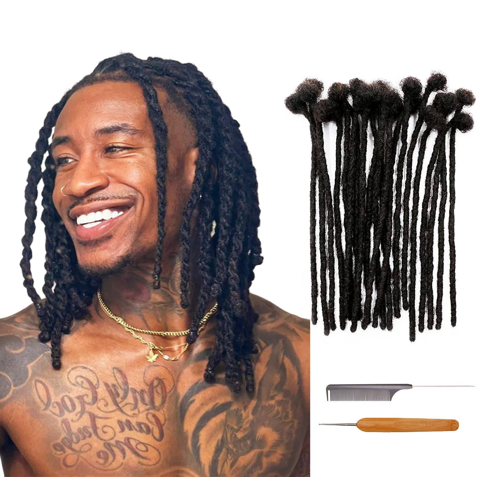 8 Inch Permanent Loc Extensions - 70 Strands 0.4cm Real Human Hair Dreadlocks for Women, Men & Kids - Natural Black Dreadlock Extensions with Needle & Comb - Perfect for Protective Styles, Twist Outs & Natural Hair Care