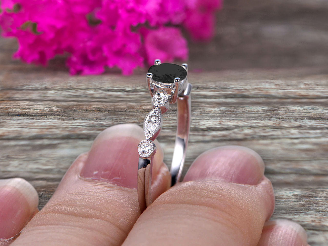 1.25 Carat Art Deco Style Round Black Diamond Moissanite Ring in 10k White Gold - Vintage Engagement Ring for Women, Perfect for Weddings, Anniversaries & Special Occasions