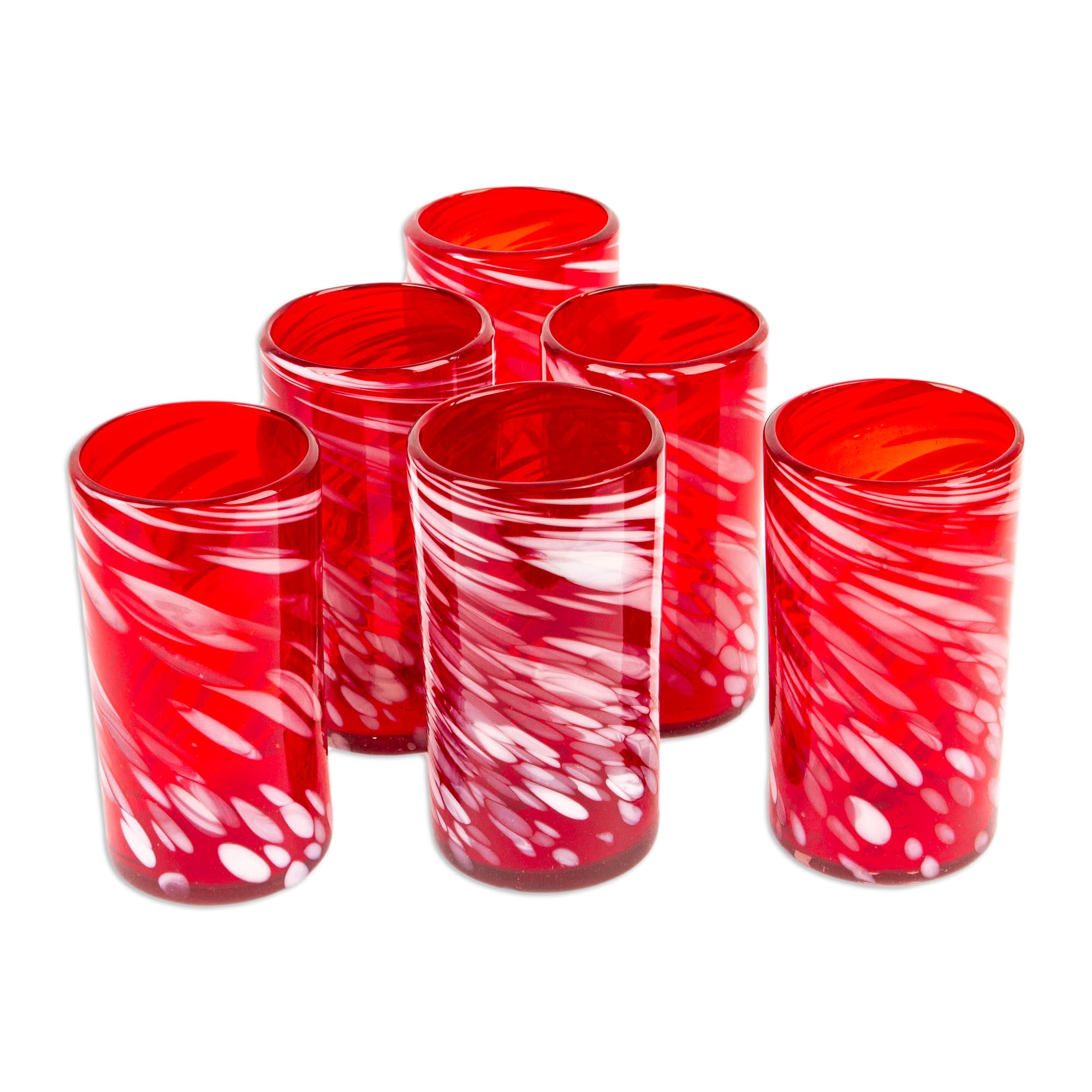 NOVICA Hand Blown Glass Tumblers Set of 6 - 16oz Eco-Friendly Red Drinking Cups, Perfect for Parties, Weddings & Home Decor | Festive Red Glassware for Cocktails, Juice & Iced Coffee