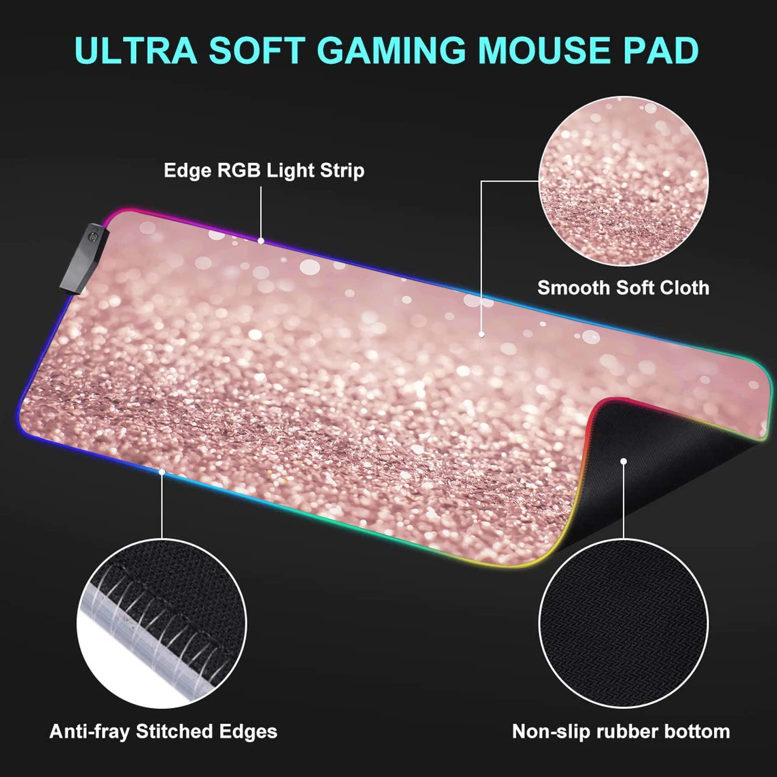 RGB Gaming Mouse Pad with LED Lights - Large Non-Slip Waterproof Desk Mat for Keyboard & Mouse - Pink Glitter Design for PC Gamers - Perfect for Gaming Setups, Office Work & Streaming Stations
