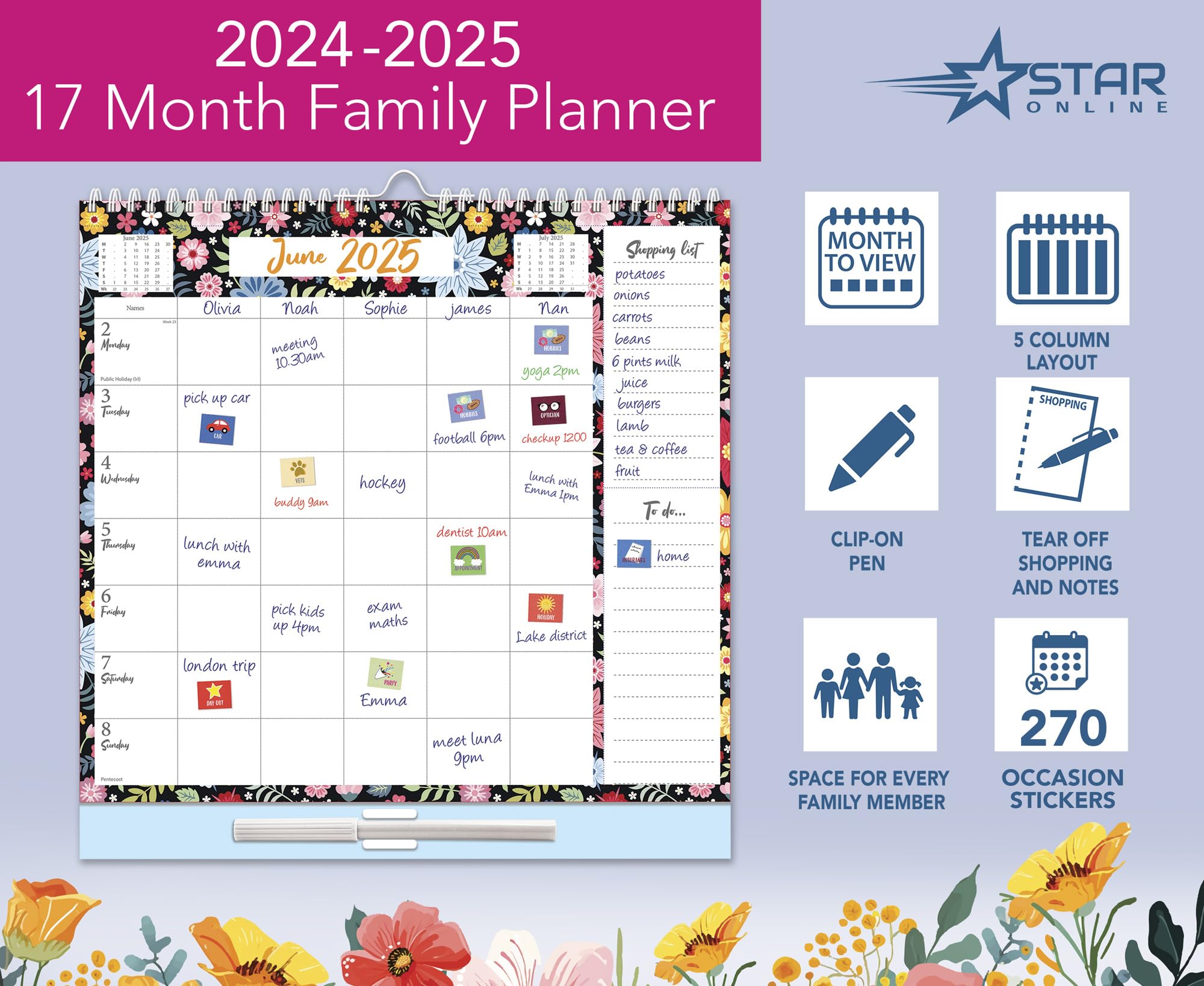 2024-2025 Large Family Wall Planner - 17 Month Weekly Calendar with 5 Columns, Memo Pad, Shopping List & Stickers (Aug 2024-Dec 2025) | Perfect for Home Organization, School Schedules & Office Planning