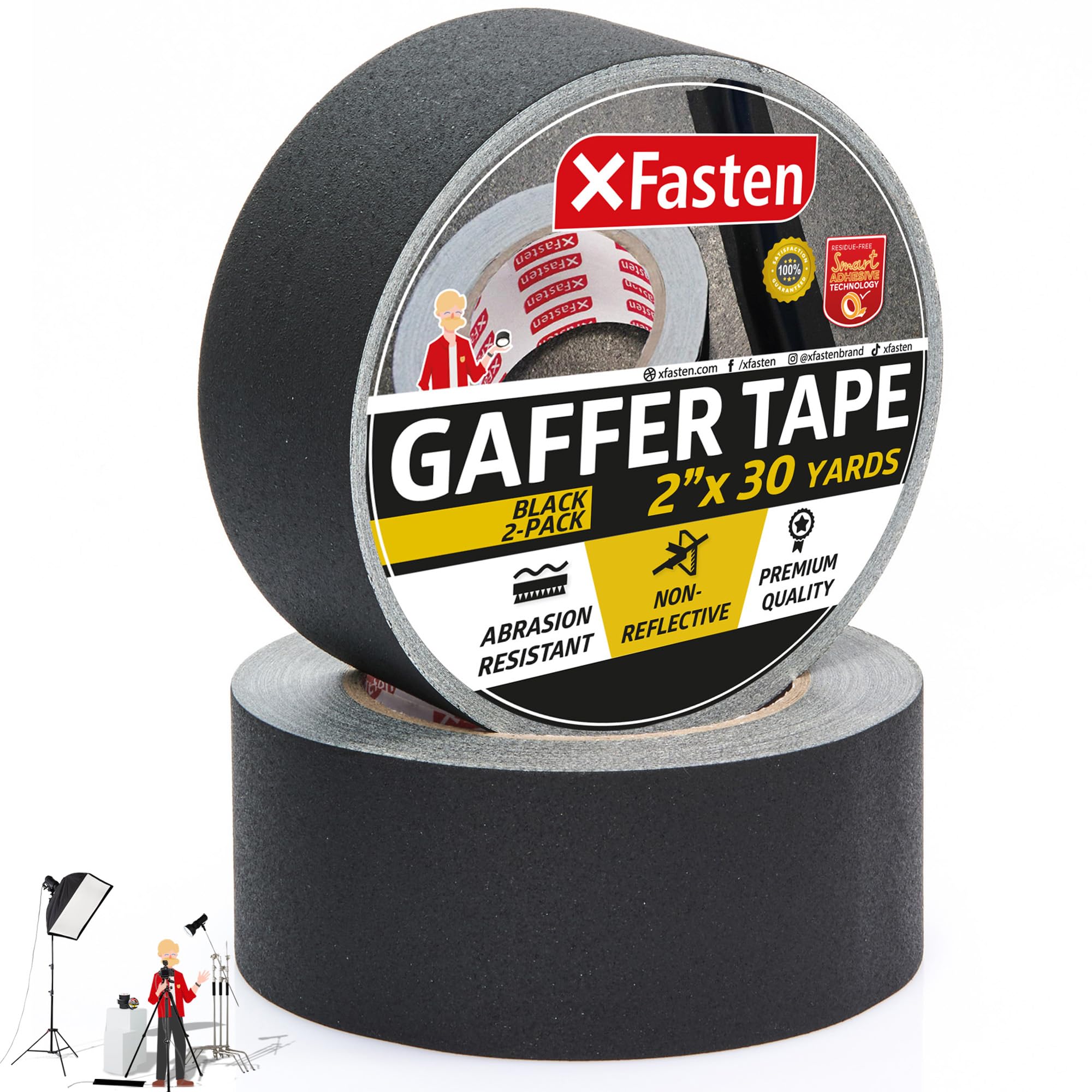 XFasten Black Gaffers Tape 2 Inch x 30 Yards (2-Pack, 180ft) - Residue-Free Matte Black Gaffer Tape for Stage, Film, Photography & Electrical Cord Management - Non-Reflective, Easy-Tear Floor Tape for Professional Use