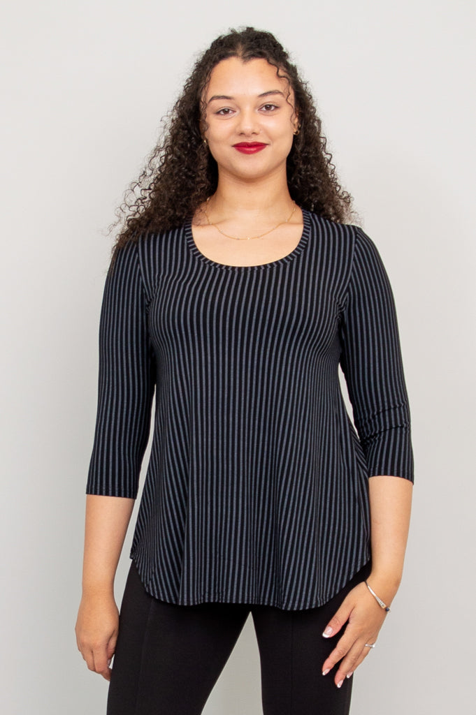Jazz 3/4 Sleeve Top - Black & Grey Striped Bamboo Fabric - Women's Casual Shirt for Summer & Fall - Perfect for Concerts, Office & Everyday Wear