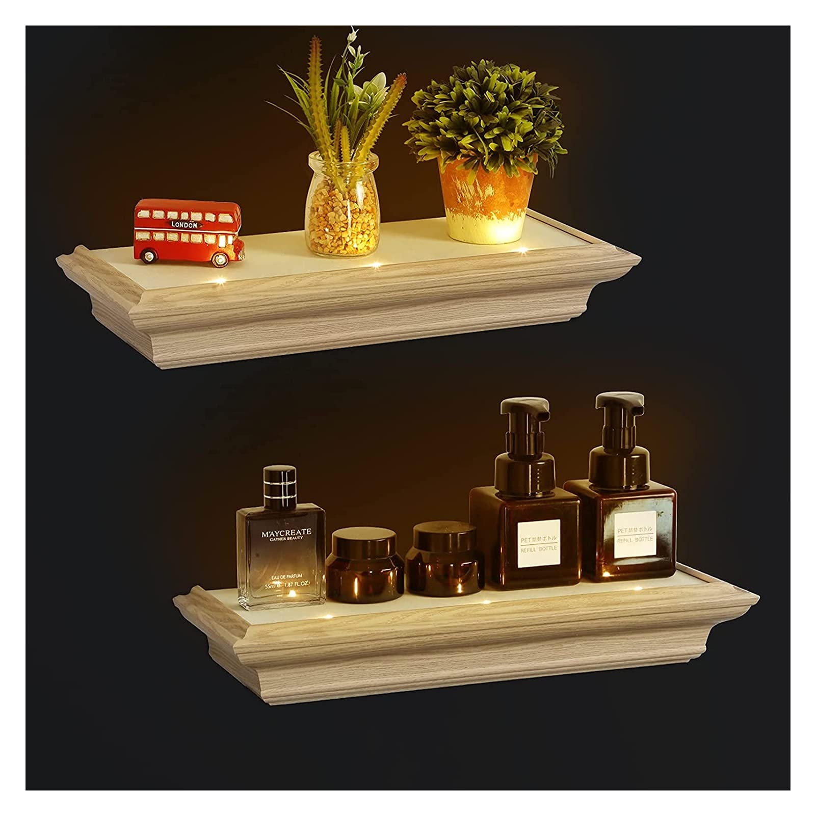 HAOKTSB Wall-Mounted Floating Wood Shelves Set of 2 - Modern Display Shelves with LED Spotlight for Home Decor - Perfect for Living Room, Bedroom, Kitchen & Entryway Storage - Beige Color