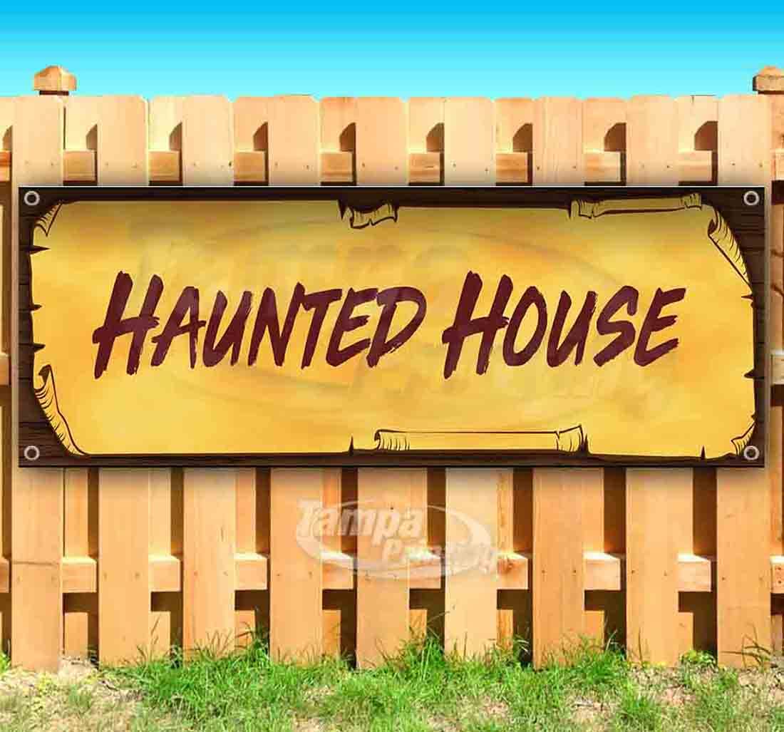 Haunted House Halloween Banner - 13 oz Heavy-Duty Vinyl with Metal Grommets - Single-Sided Spooky Decoration for Parties, Haunted Houses & Outdoor Decor