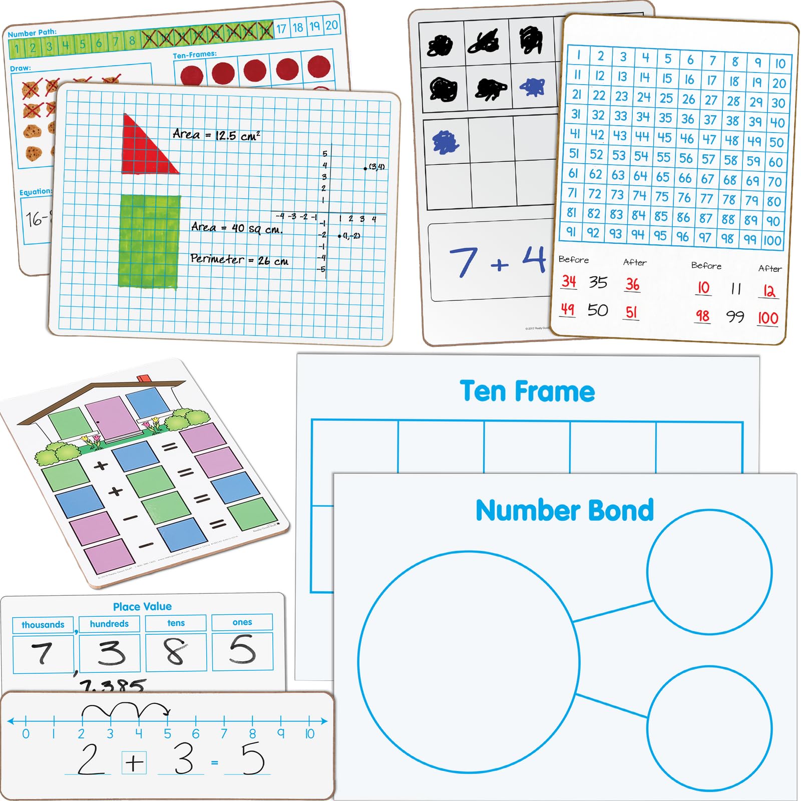 Really Good Stuff Math Small Group Dry Erase Board Kit - Primary Classroom Supplies - 1 Multi-Item Kit for Elementary Math Practice, Group Activities & Whiteboard Learning