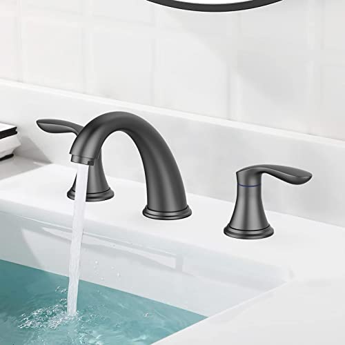 GARVEE 3 Hole Bathroom Sink Faucet with Pop Up Drain - 8 Inch Matte Black Single Handle Waterfall Bathroom Faucet for Hot and Cold Water - Perfect for Modern Vanities, Guest Bathrooms & Powder Rooms