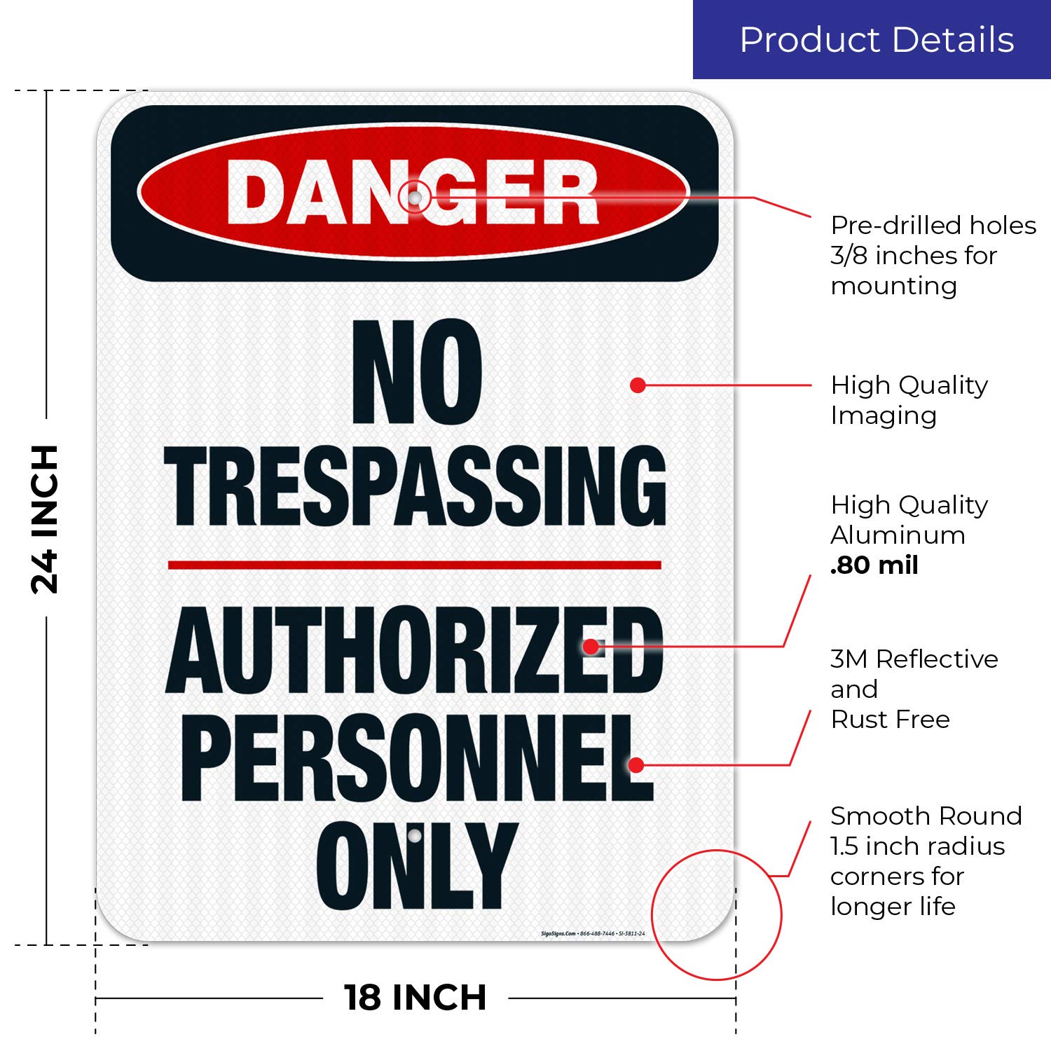 No Trespassing Authorized Personnel Only Sign - OSHA Compliant Danger Sign 18x24 Inches | 3M EGP Reflective .080 Aluminum | Fade Resistant for Indoor & Outdoor Use | Made in USA | Perfect for Construction Sites, Warehouses & Restricted Areas