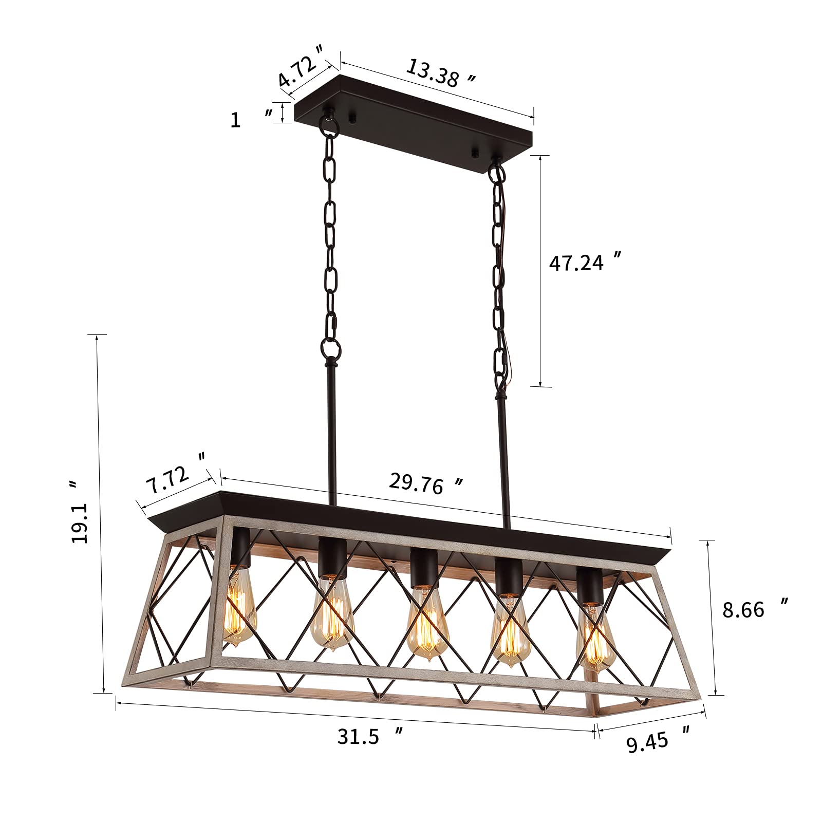 Q&S 5-Lights Rectangular Chandelier & 4-Lights Flush Mount - Rustic Farmhouse Dining Room Lighting Fixture for Kitchen Island, Hallway, Entryway & Foyer | Perfect for Modern Farmhouse Decor & Open Concept Spaces