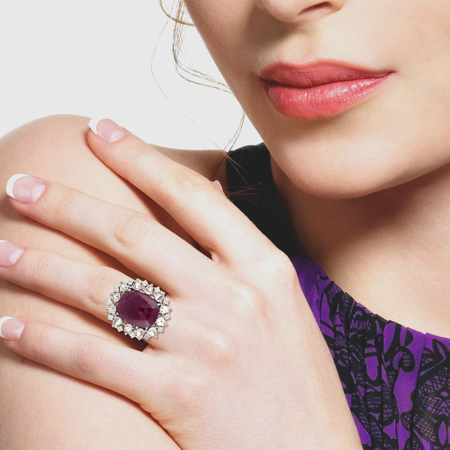 Rose Gold Ruby & White Sapphire Diamond Ring - Elegant Designer Jewelry for Weddings, Anniversaries & Special Occasions