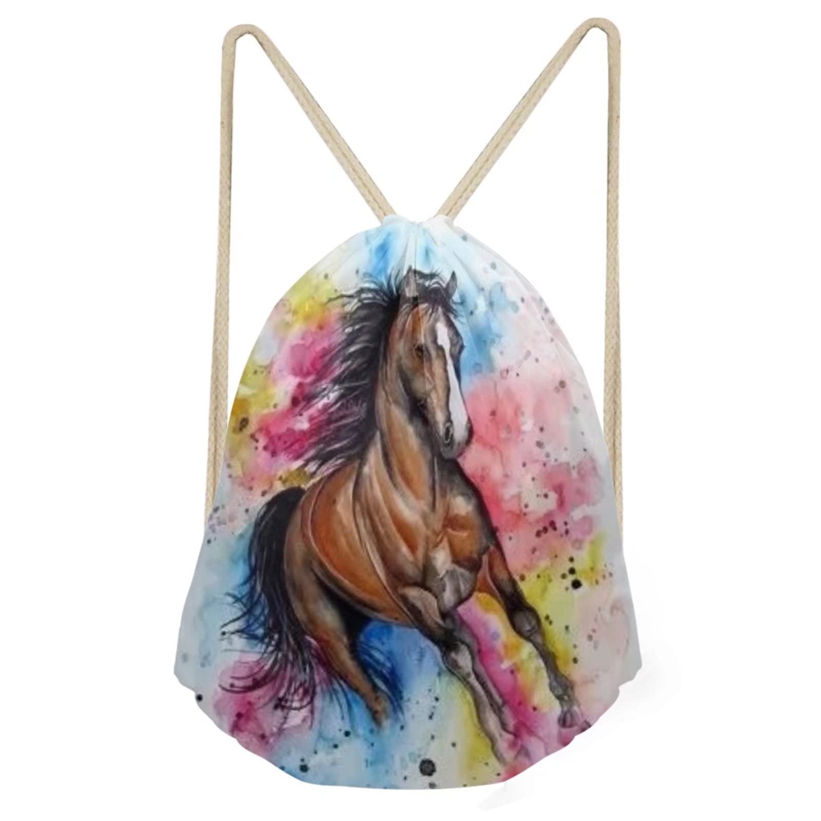 Doginthehole Animal Horse Print Durable Drawstring Backpack for Teens - Perfect for School, Travel & Outdoor Adventures