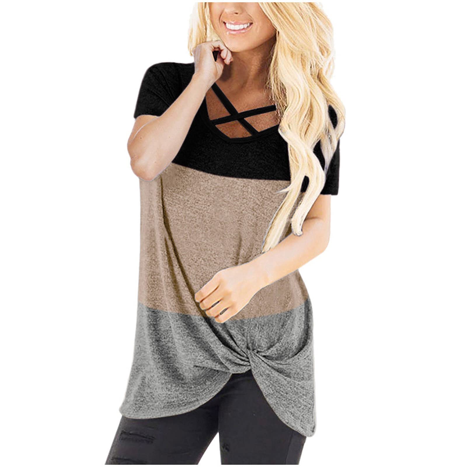 Women's Summer Tops - Fashion Color Block Short Sleeve V-Neck Tunic with Front Tie Knot | Plus Size Casual Shirts for Beach, Vacation & Everyday Wear