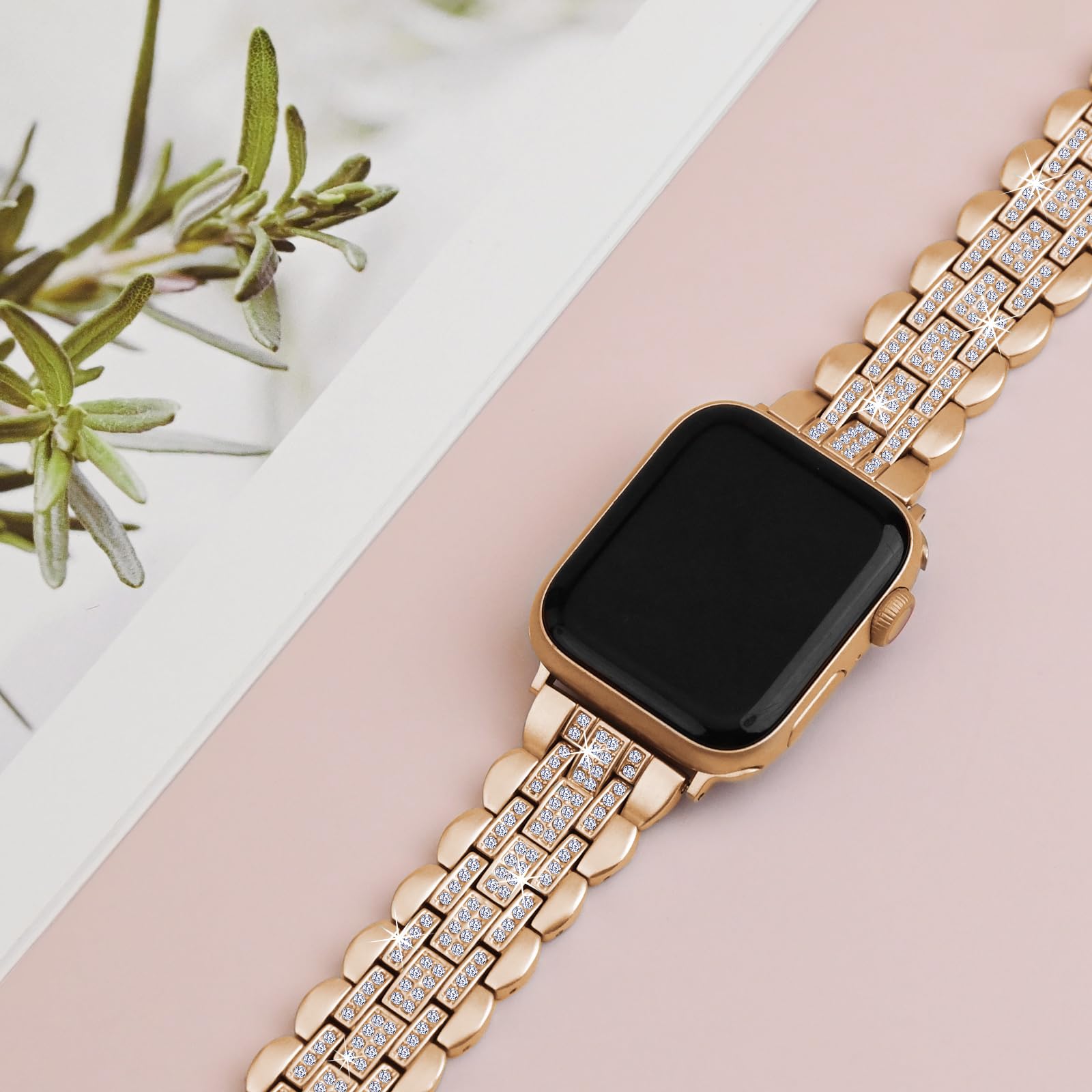 Stainless Steel Apple Watch Band 42mm 41mm 40mm 38mm - Bling Jewelry Bracelet for Apple Watch Series 10 9 8 7 SE 6 5 4 3 - Rose Gold Women's iWatch Accessory - Perfect for Work, Parties & Everyday Wear