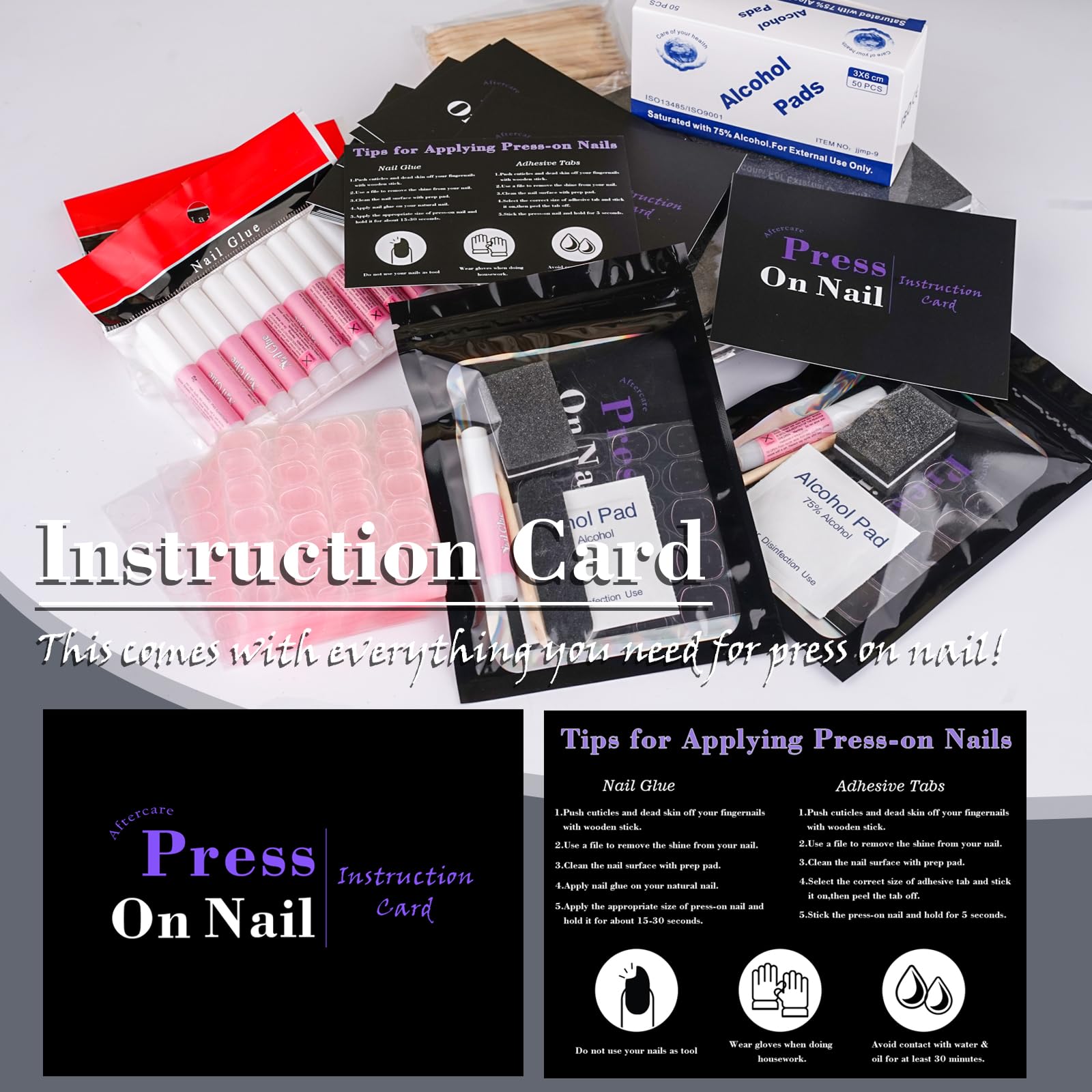 50-Piece Professional Press On Nail Kit - Disposable Manicure Supplies with Nail Files, Buffers, Adhesive Tabs, Glue, Sticks, Prep Pads & Storage Bags - Perfect for Nail Salons, DIY Home Manicures & Nail Art Businesses (Black)