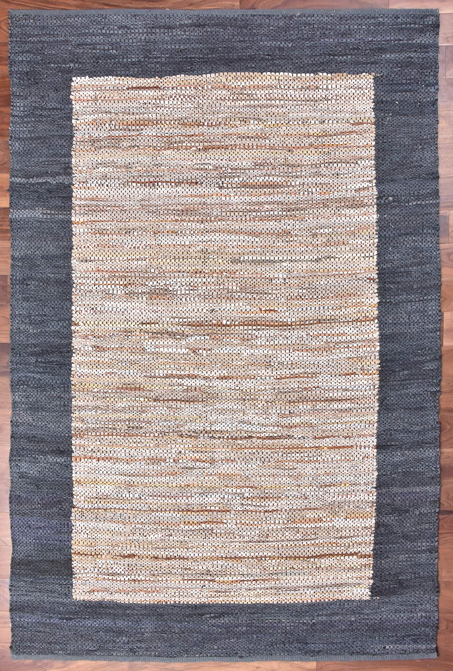 Premium Flash Leather Beige Area Rug with Grey Border - 3x5 FT Soft & Durable - Perfect for Living Room, Bedroom, or Office Decor
