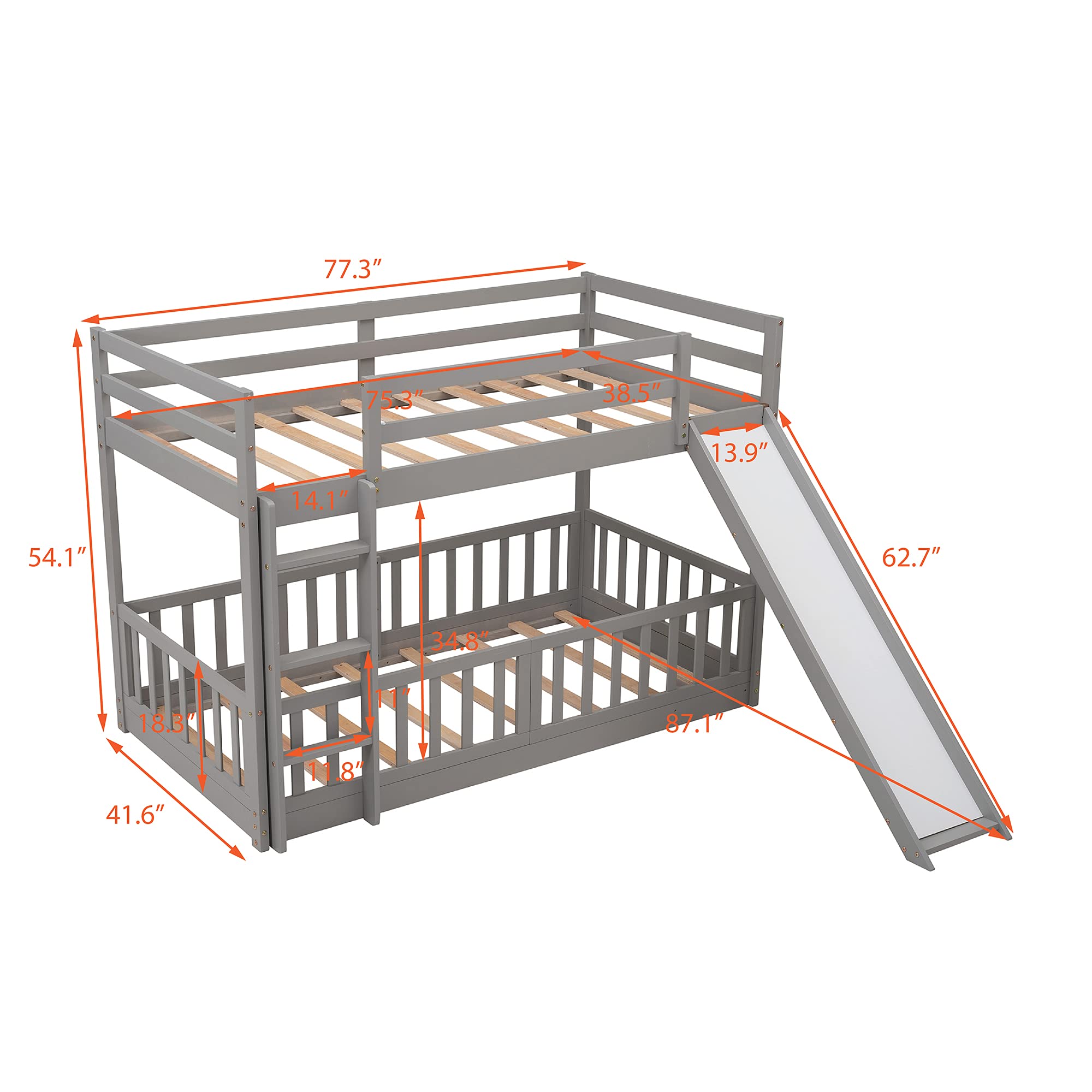 RUNNA Twin Over Twin Wood Bunk Bed with Convertible Slide & Ladder - Space Saving Kids Bunk Bed Frame with Full-Length Guardrail - Convertible to Loft Bed (Gray+Wood) - Perfect for Small Bedrooms, Shared Kids Rooms & Vacation Homes
