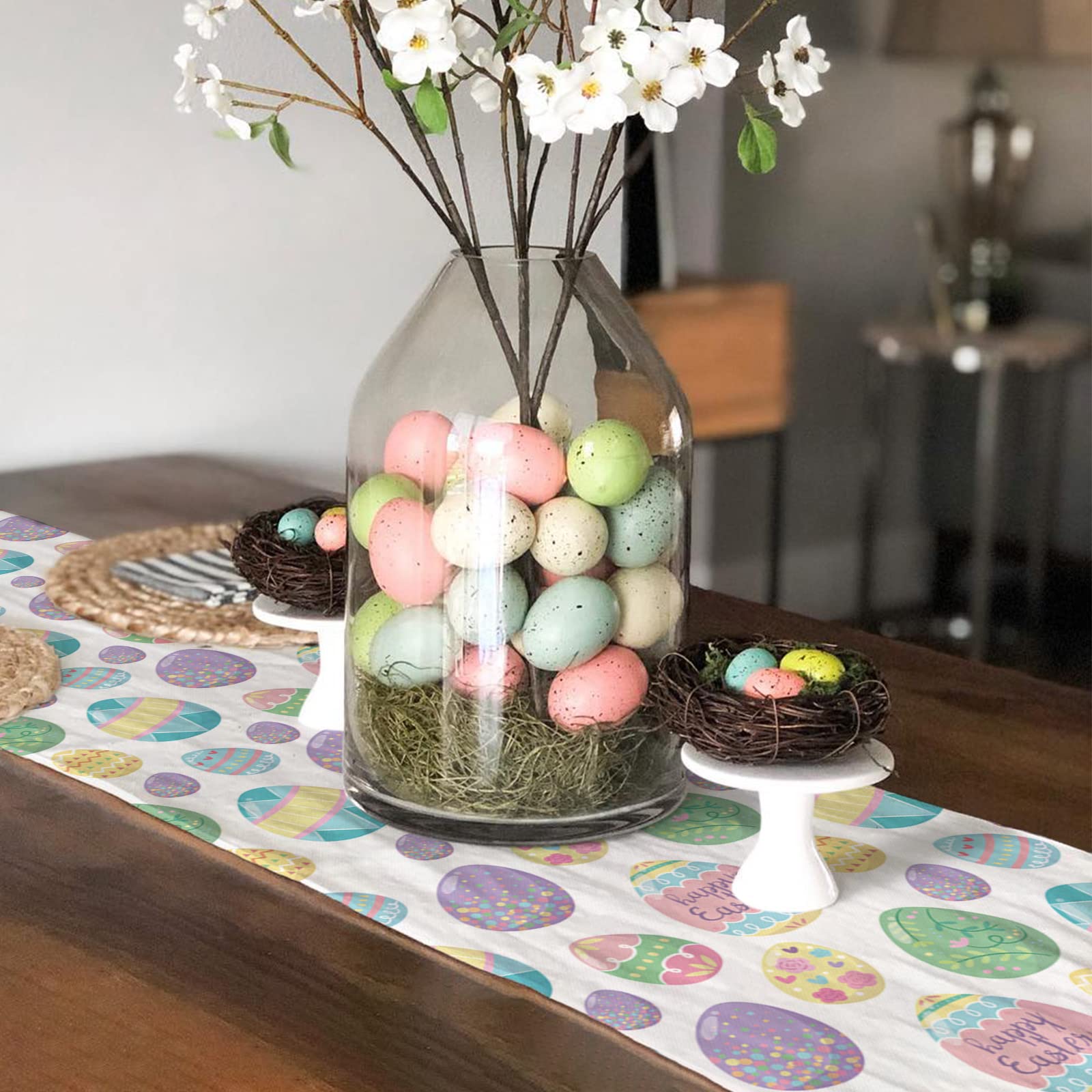 Easter Table Runner 13x90 Inch - Waterproof Spring Tablecloth with Easter Egg Design for Holiday Party, Home Kitchen & Dining Room Decor - Perfect for Easter Celebrations, Brunch Gatherings and Seasonal Home Styling