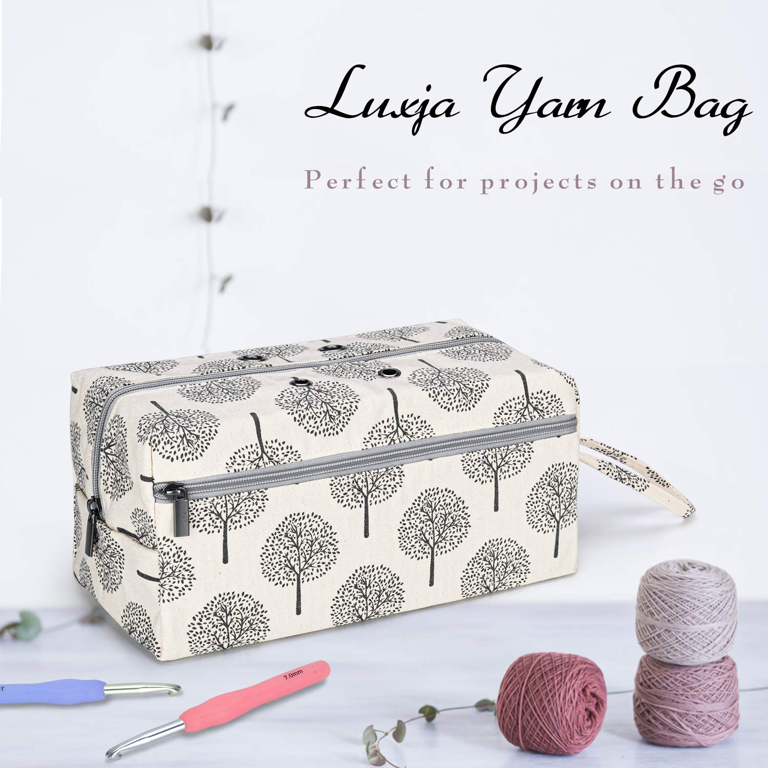 Luxja Large Yarn Storage Bag with Trees Print - Knitting Organizer for Yarn Skeins, Crochet Hooks & Needles up to 10 Inches - Perfect for Crafters, Knitters & Crochet Enthusiasts - Great for Home, Travel & DIY Projects