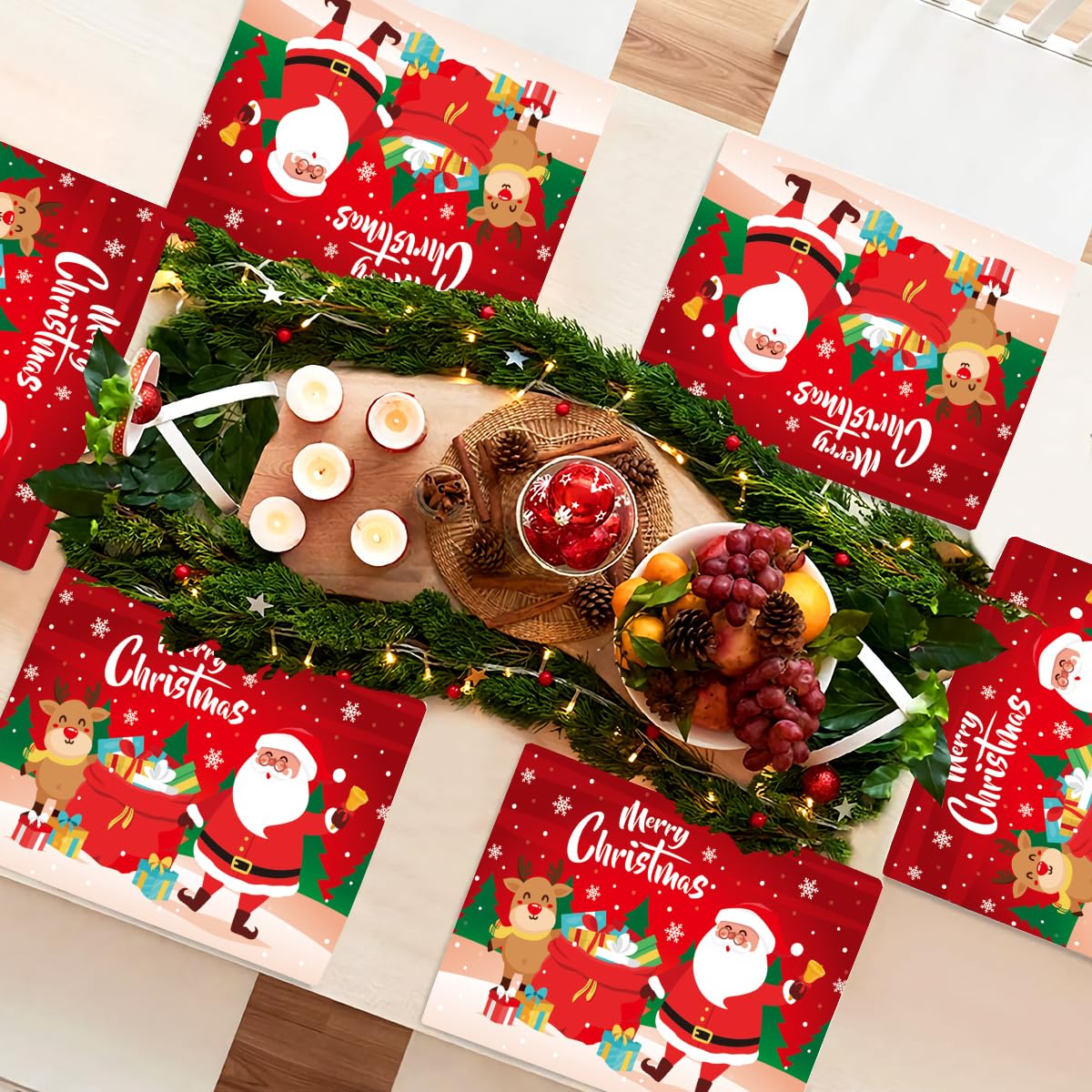BESTonZON Christmas Placemats Set of 6 - 17x11 Inch Holiday Table Mats in Festive Red - Merry Xmas Dining Decor for Kitchen, Party & Holiday Gatherings