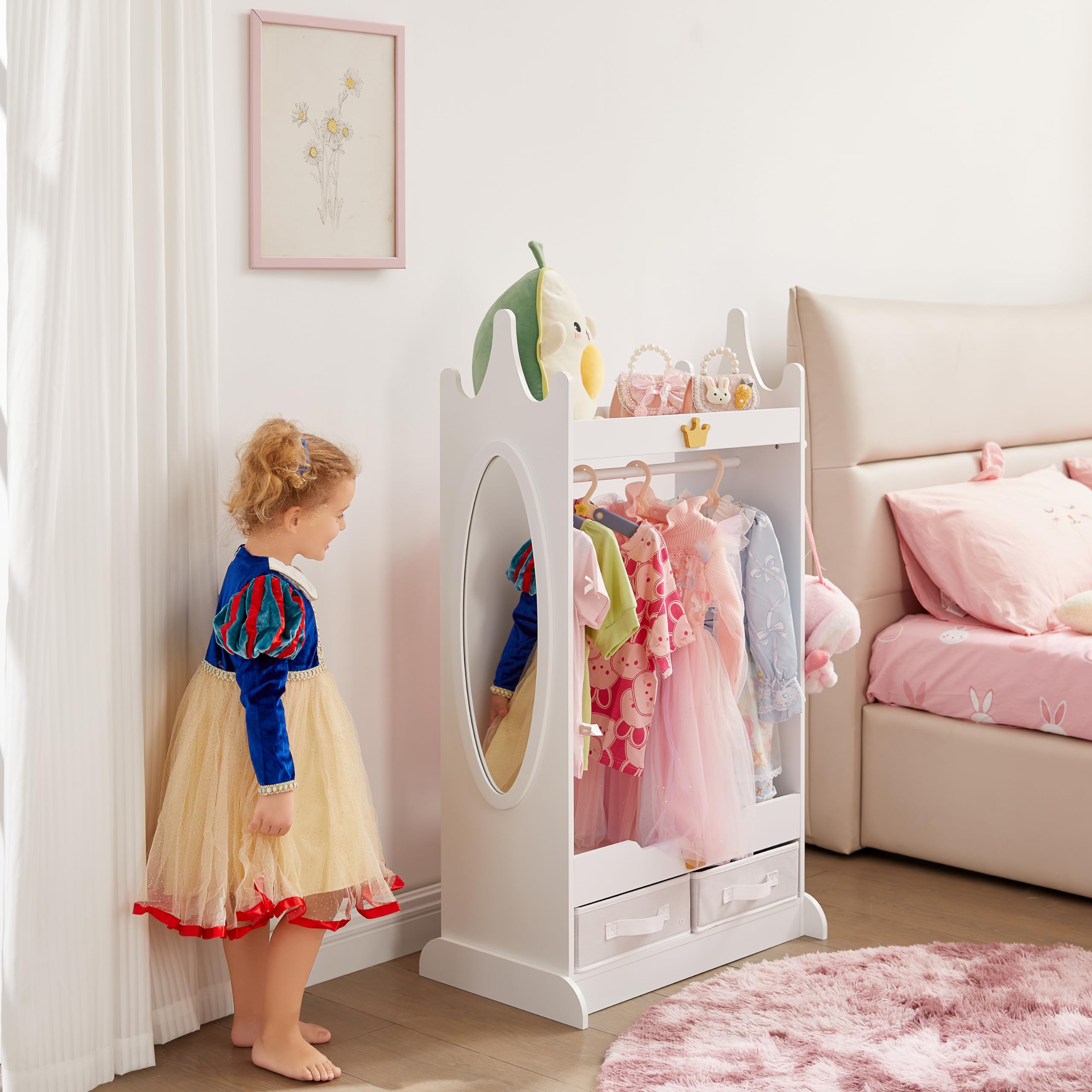 Kids Dress Up Storage Armoire with Mirror & Non-Woven Drawers - White Costume Closet with Hanging Rack for Toddlers | Perfect for Bedroom, Playroom & Dress-Up Organization