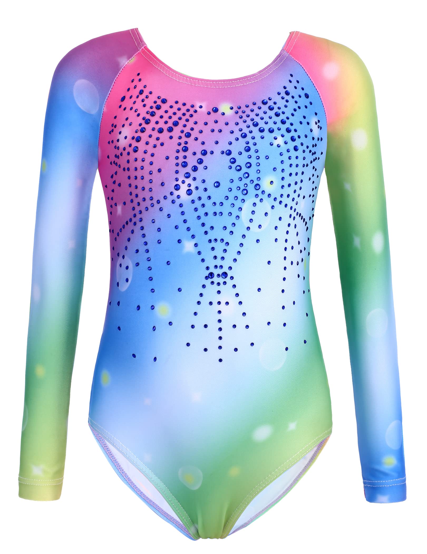 Girls Kids Shiny Long Sleeve Gymnastics Leotard - Color Gradient Ballet Dance One Piece Outfit for Competition, Performance & Recital - Perfect for Dance Class, Stage Shows, and Gymnastics Events