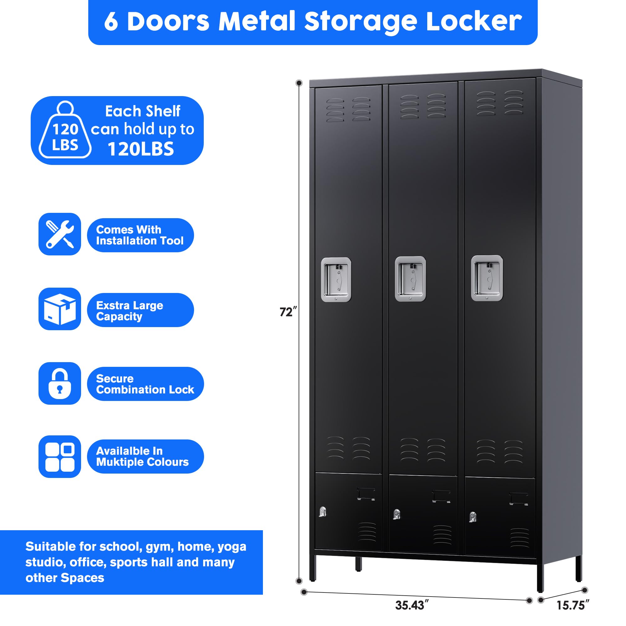 Aobabo 6-Door Metal Storage Locker Cabinet with Combination Lock - 72 Inch Tall Black Office Locker for Employee Storage, Home Office, Gym & School Use - Easy Assembly Required - Perfect for Workplace Organization, Sports Equipment Storage & School Changing Rooms