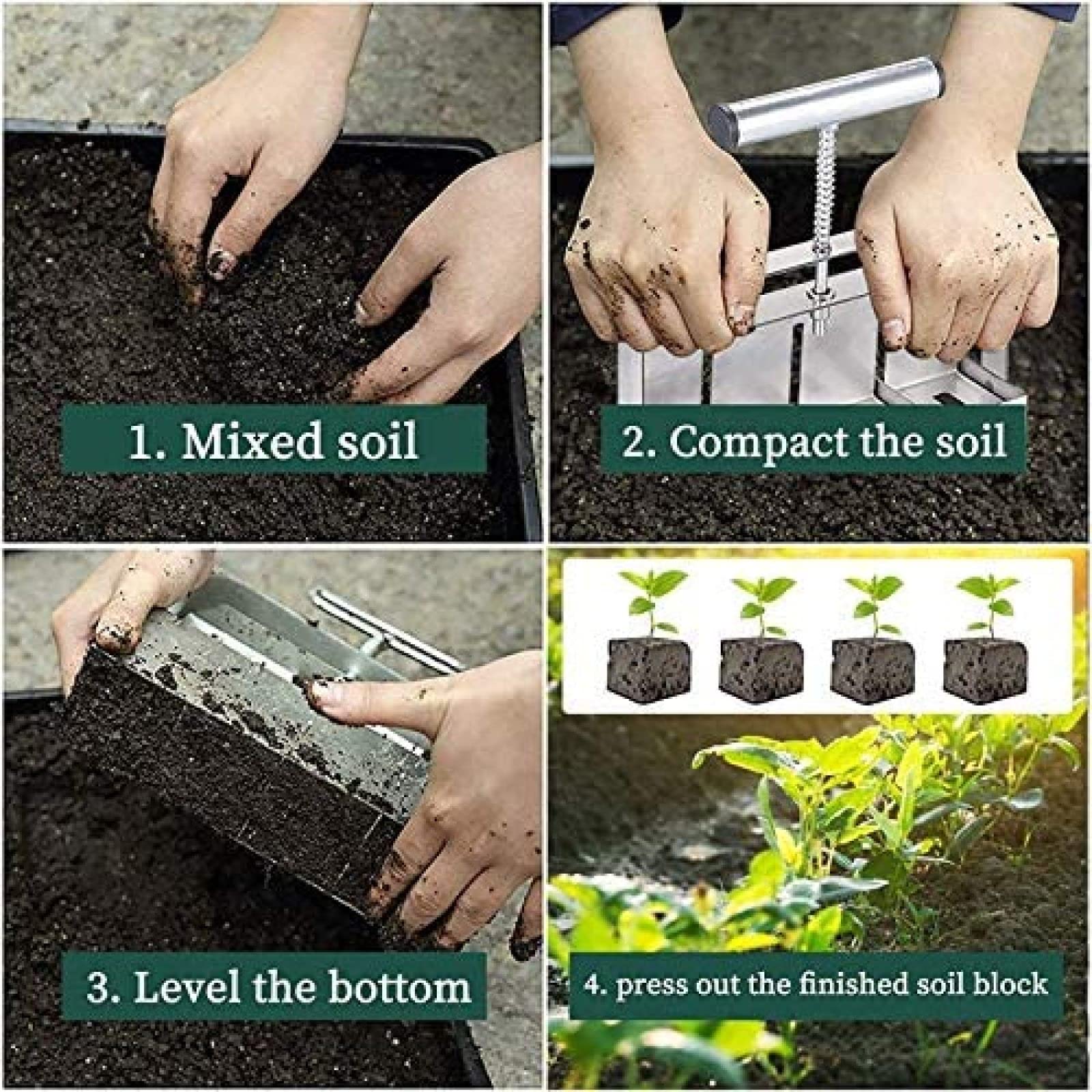 JWCN Handheld Soil Block Maker Tool - Metal Seedling Transplanter for Vegetable Plants, Garden & Greenhouse - Perfect for Starting Seeds in Yard, Raised Beds & Indoor Gardening