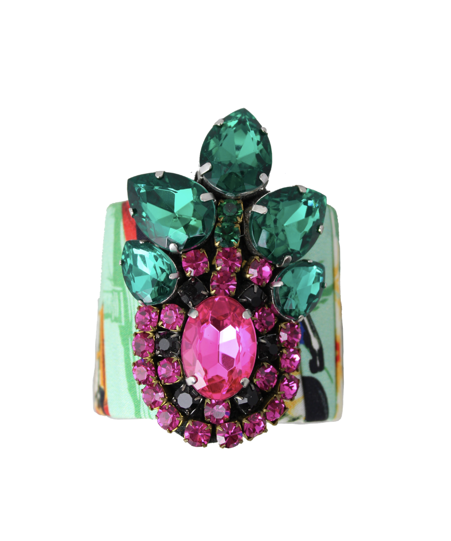 Stella Jean Green Fabric Stiff Bracelet with Stones - Elegant Jewelry for Women, Perfect for Parties, Weddings & Special Occasions