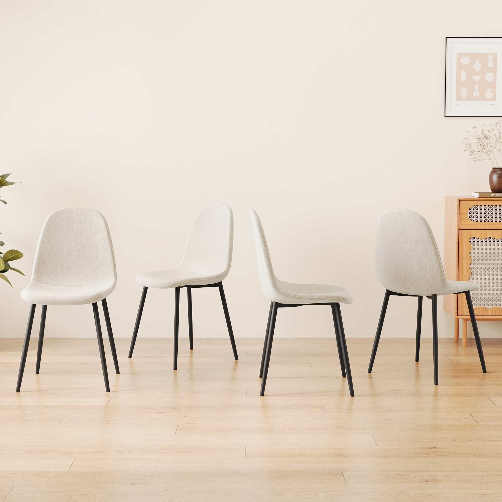 4-Piece Modern Dining Chairs Set - Linen Padded Seats with Sturdy Black Metal Legs (Beige) - Perfect for Kitchen, Dining Room, Home & Office Use