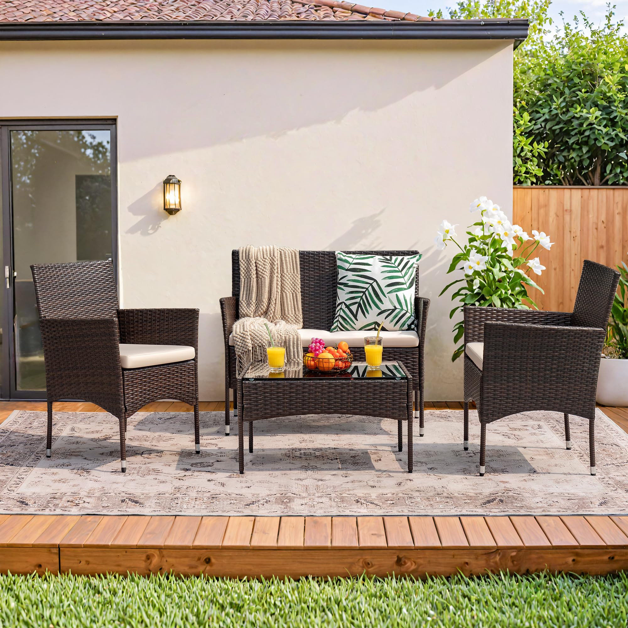 **Homall 4-Piece Outdoor Patio Furniture Set - Rattan Wicker Chairs with Cushions, Brown & Beige - Perfect for Backyard, Porch, Garden, Poolside & Balcony - Indoor & Outdoor Use**