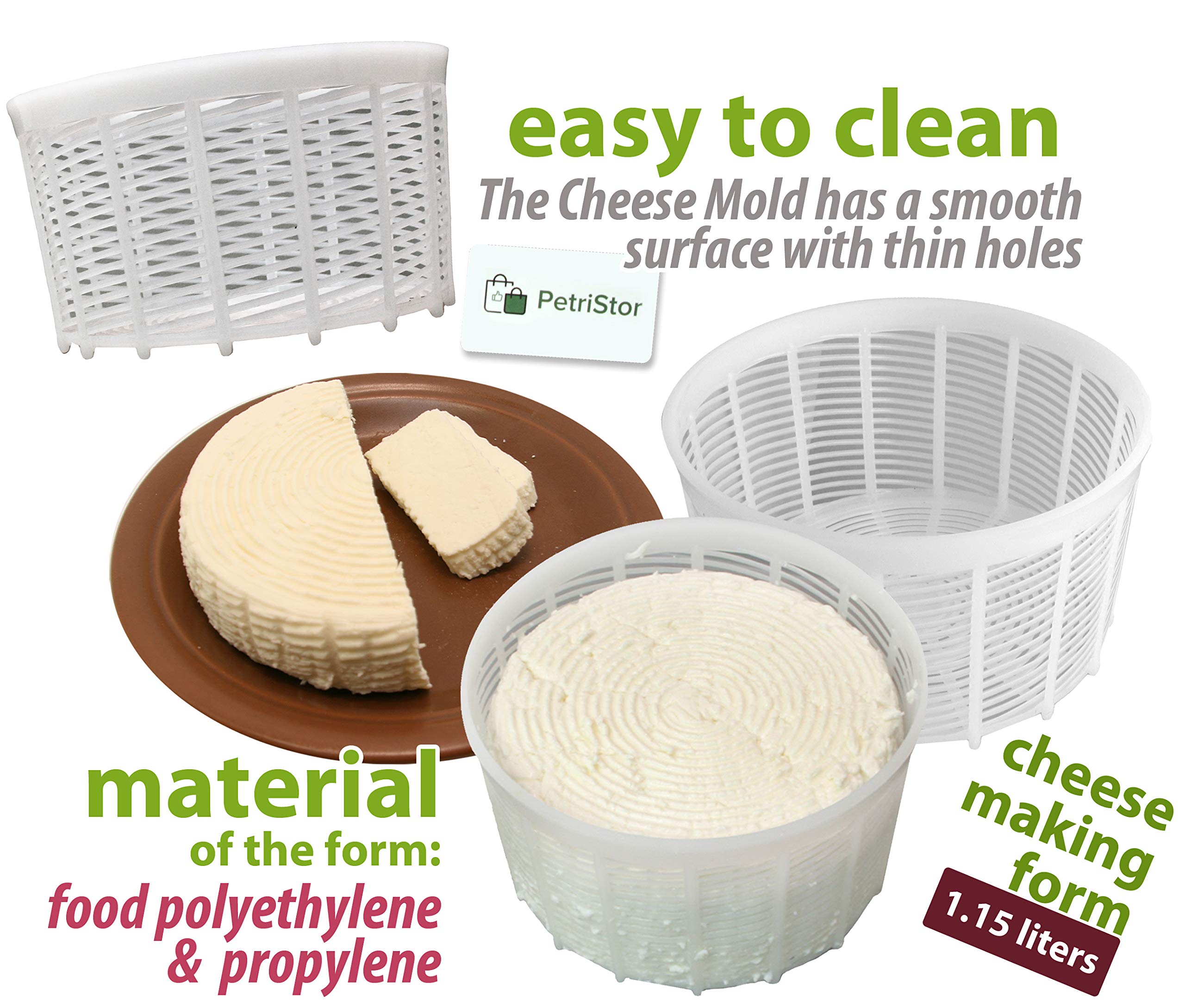 PetriStor 3-Piece Soft Cheese Mold Set for Homemade Cheese Making - 1.25QT Medium Cheese Basket Mold - Cream Cheese & Queso Fresco Form - Perfect for DIY Artisan Cheesemaking at Home
