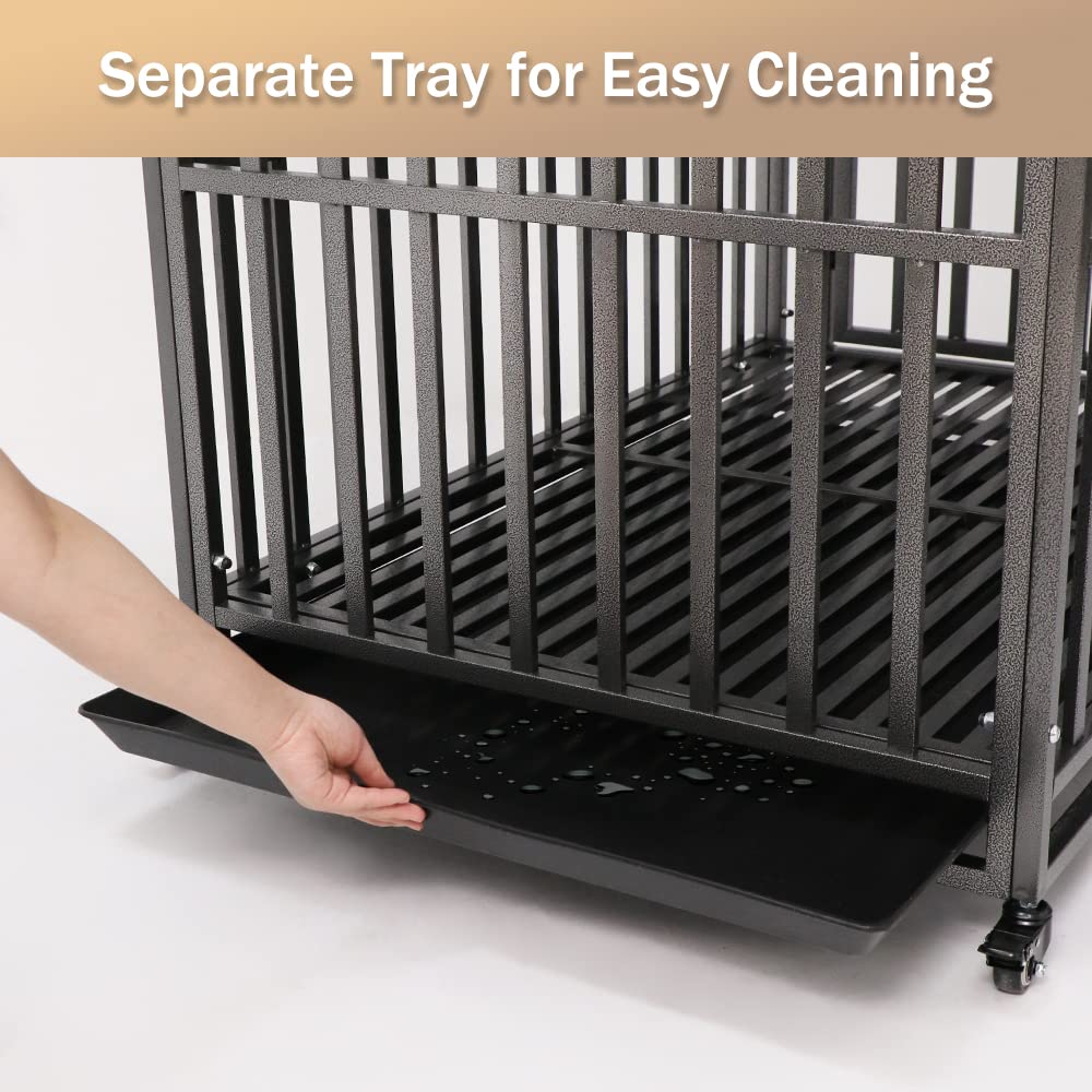 LUCKUP 42 Inch Heavy Duty Metal Dog Crate with 2 Doors & 4 Wheels - Stackable Large Dog Kennel Cage for Medium & Big Dogs - Removable Tray - Perfect for Home, Travel & Vet Visits