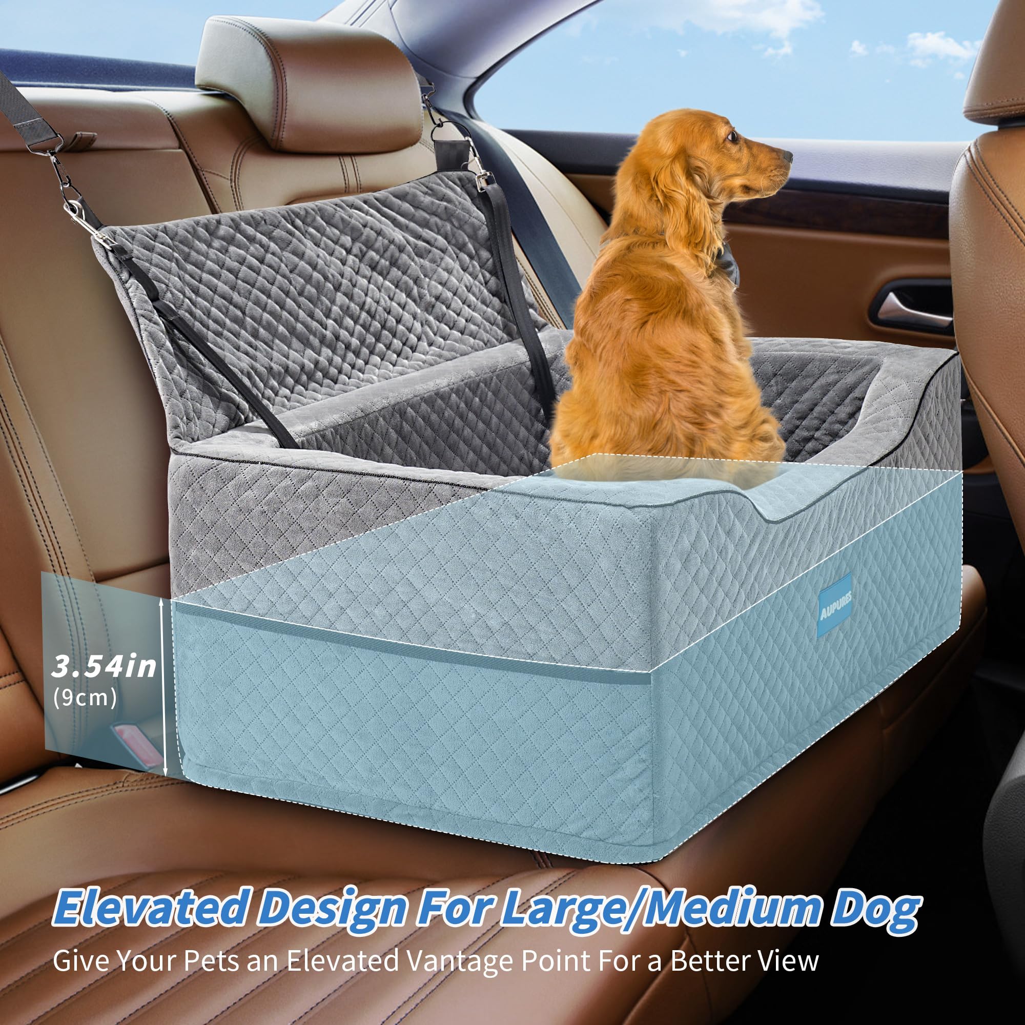 Premium Dog Car Seat for Large & Medium Dogs Up to 55 lbs - Adjustable Height Pet Booster Seat with Safety Belt - Soft Fabric Carrier for Two Small Dogs (Gray) - Perfect for Road Trips & Daily Commutes