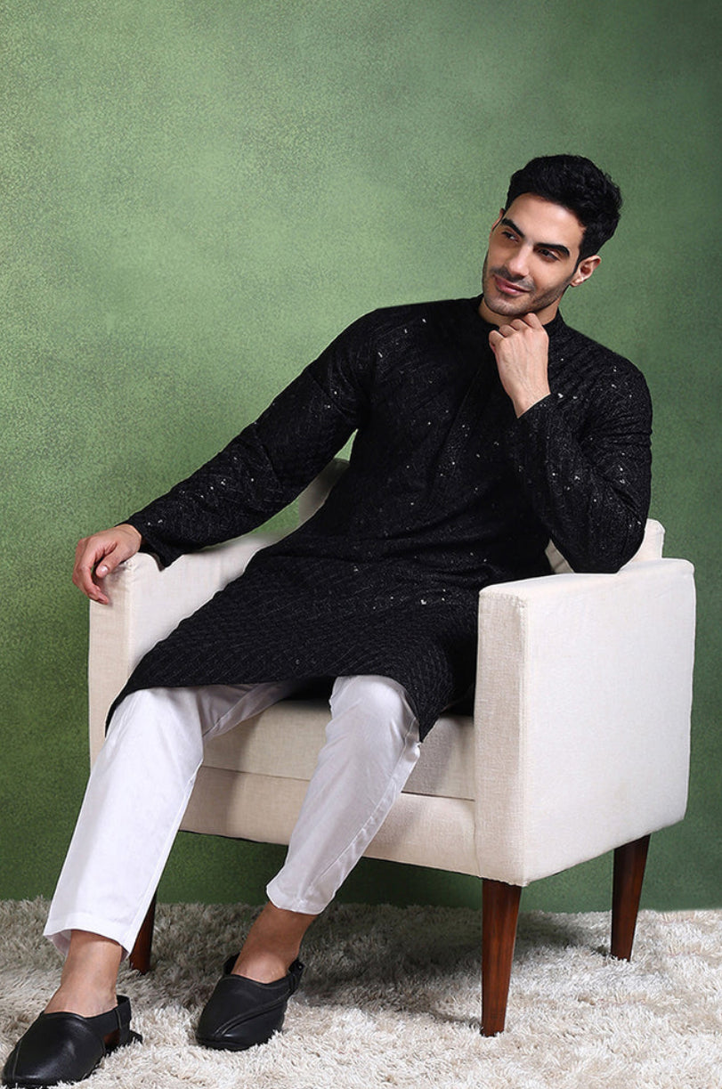 Elegant Black Chikankari Kurta for Men | Traditional Indian Embroidered Tunic | Perfect for Festivals, Weddings & Casual Wear