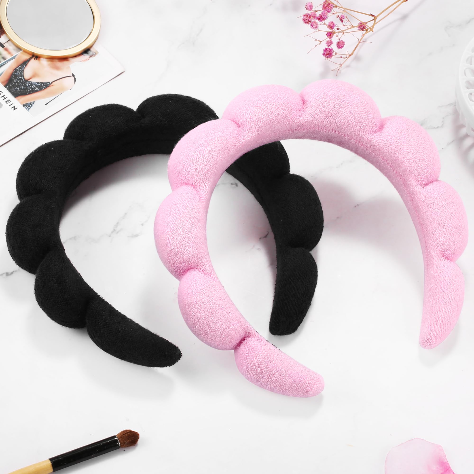 **Spa Headbands for Face Washing & Skincare - 2 Pack Terry Cloth Headbands for Makeup Removal, Facial Masks & Skin Treatments (Black & Pink) - Perfect for Spa Days, At-Home Skincare Routines & Relaxation**