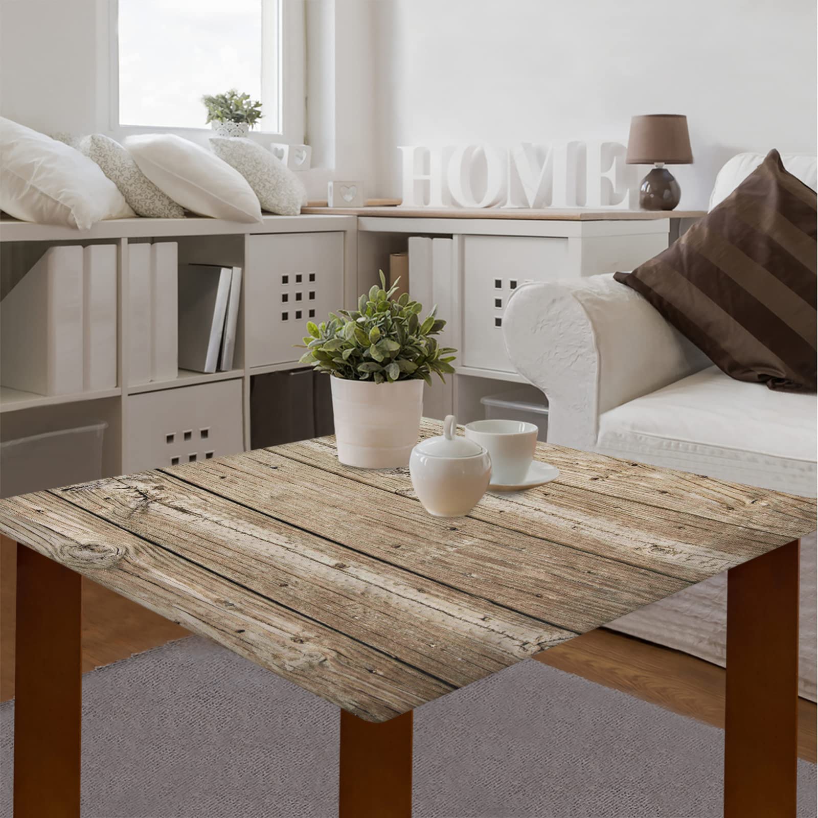 Stylish Waterproof Wooden Beach Tablecloth with Elastic Edge - 34x34 Inch Wipeable Square Table Cover for Dining, Kitchen, Party, Indoor & Patio Use | Summer Ocean-Themed Decor for Picnics & Outdoor Gatherings