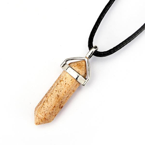 Natural Picture Jasper Pendulum Pendant - 40x8mm Healing Stone with Silver Plated Bail & Leather Cord - for Dowsing, Chakra Balancing & Spiritual Healing