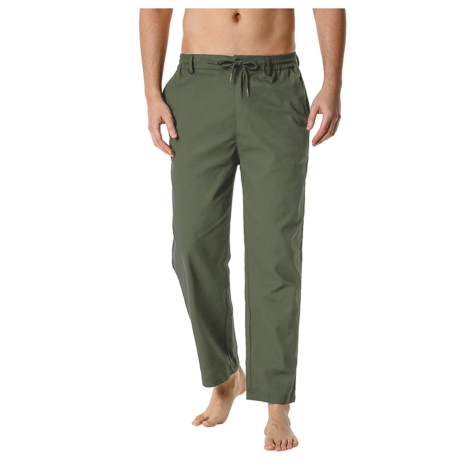 MOMKER Men's Lightweight Cotton-Linen Cargo Pants - Elastic Waist, Loose Fit Casual Pants for Home, Travel & Outdoor Activities