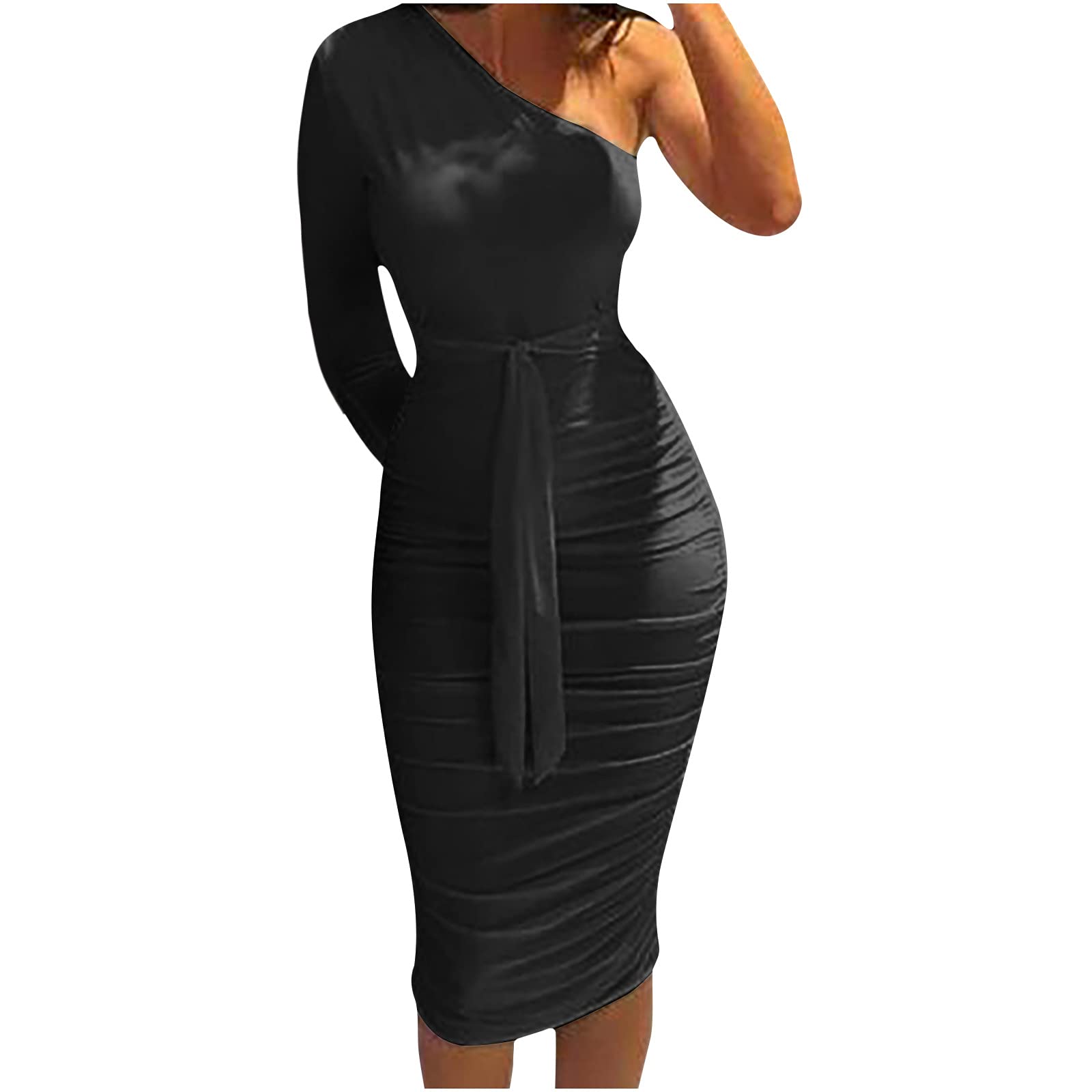 SHENYANGWA Sexy One Shoulder Long Sleeve Bodycon Dress for Women - Elegant Ruched Wrap Cocktail Dress for Wedding Guest, Party & Special Occasions