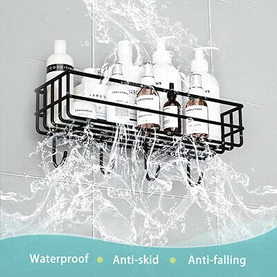 ZIVIK Shampoo Holder - 4 Hook Wall Mounted Bathroom Shelf, No Drill Floating Metal Shower Organizer for Toiletries Storage | Perfect for Small Bathroom, Kitchen & Shower Organization