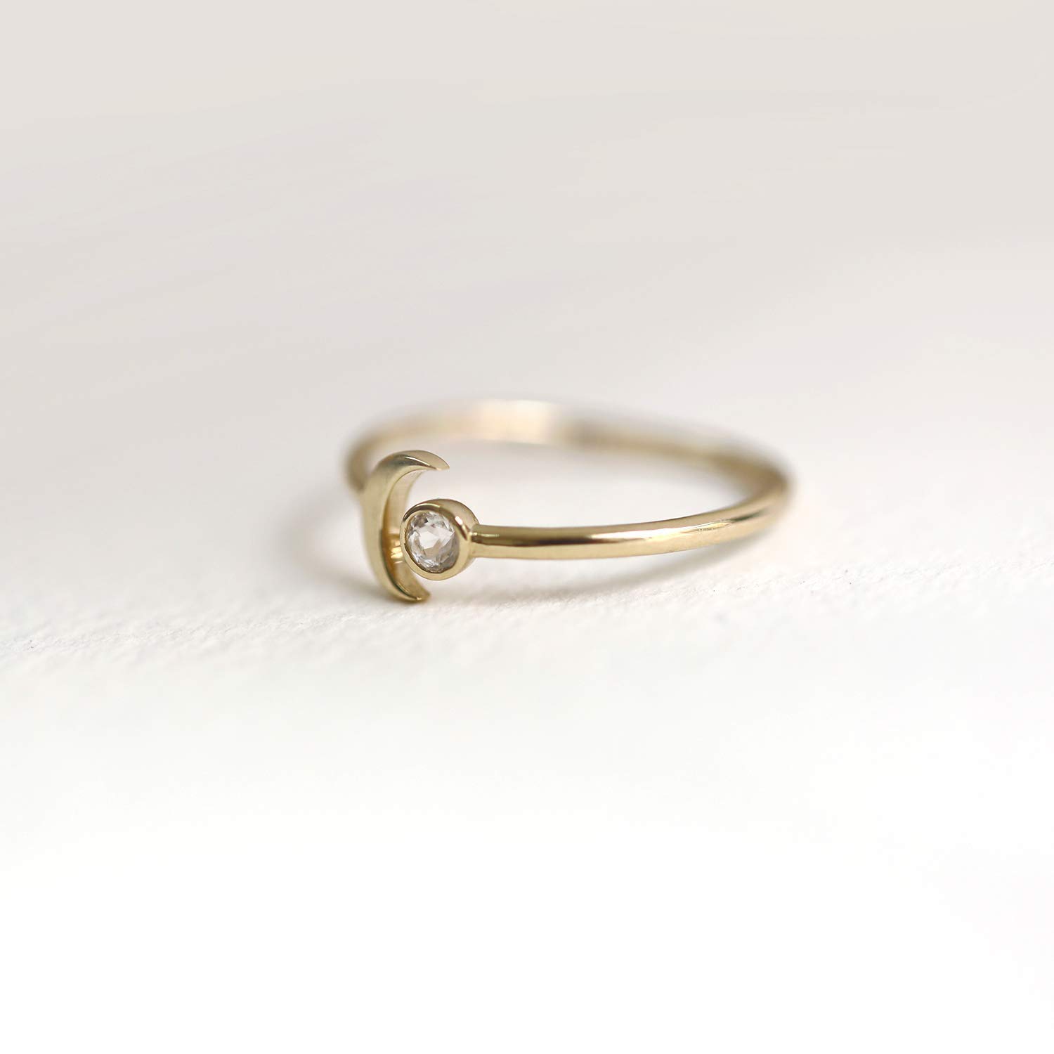 10K 14K Solid Gold Moonstone Open Ring Band - Dainty Unique Stackable Crescent Moon Ring - Natural Moonstone Jewelry for Women - Perfect for Layering, Boho Style & Everyday Wear